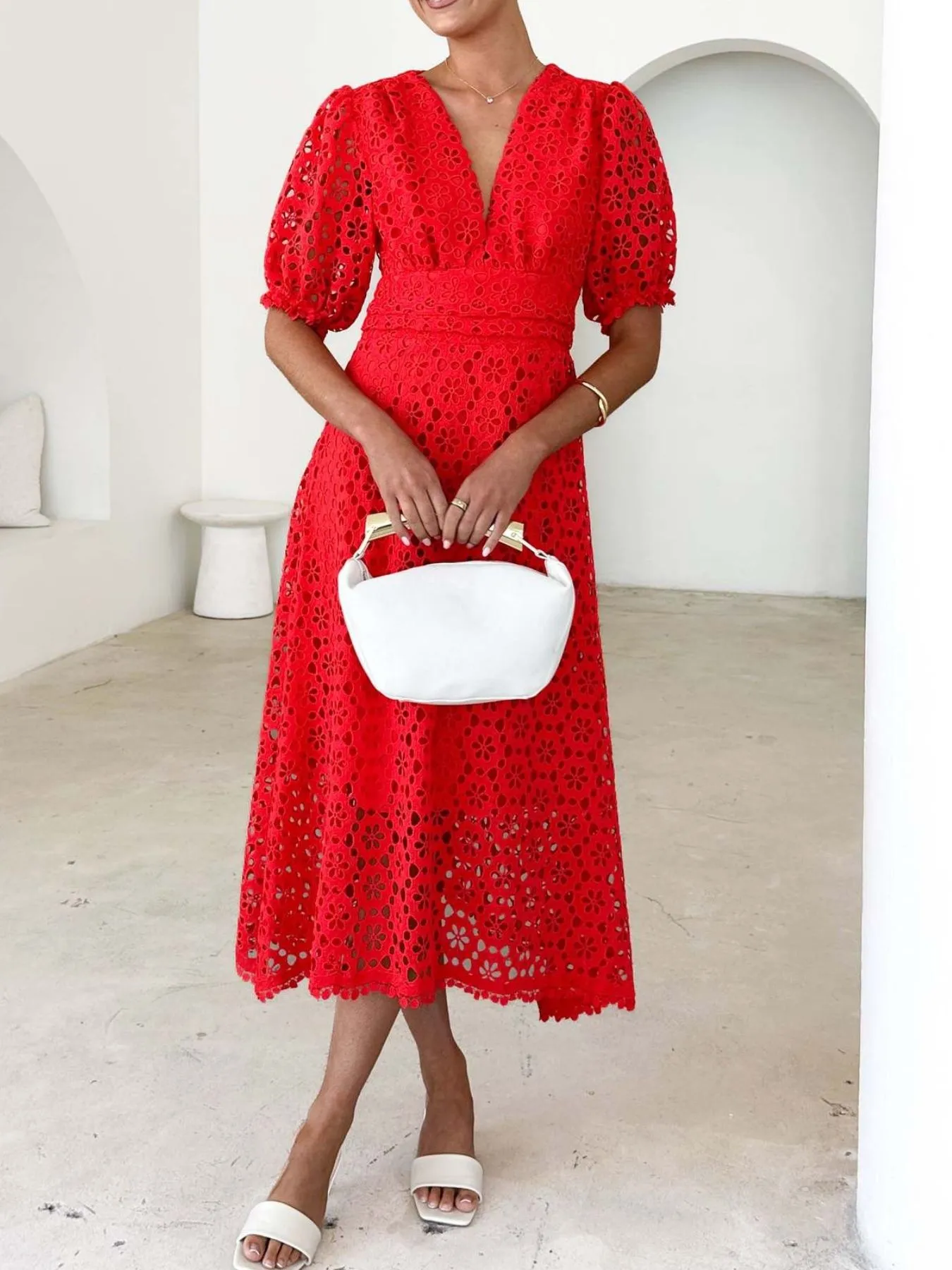 Eyelet Lace V-Neck Midi Dress with Puff Sleeves - Image 18