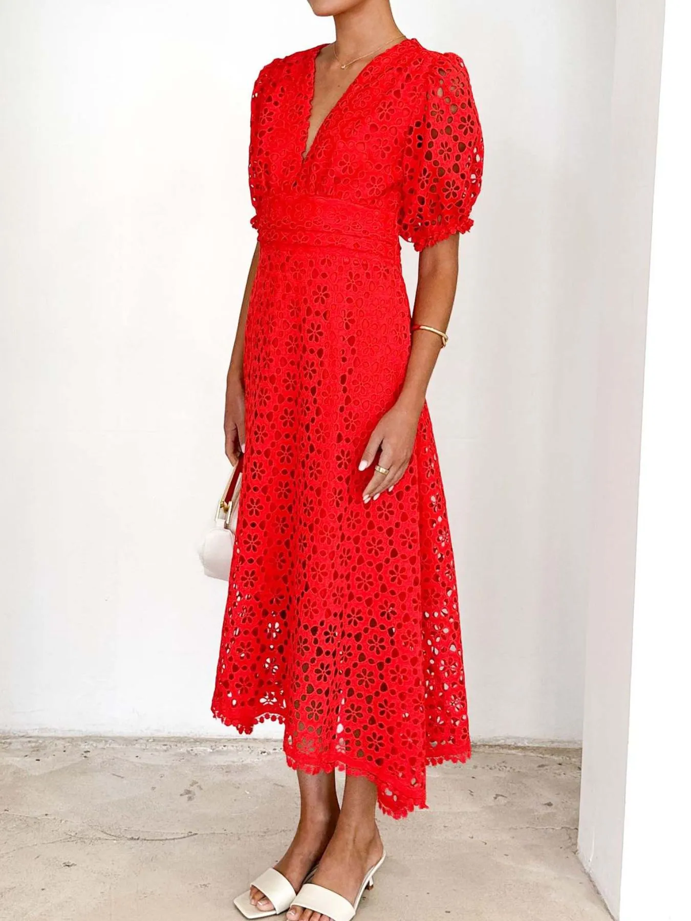 Eyelet Lace V-Neck Midi Dress with Puff Sleeves - Image 19