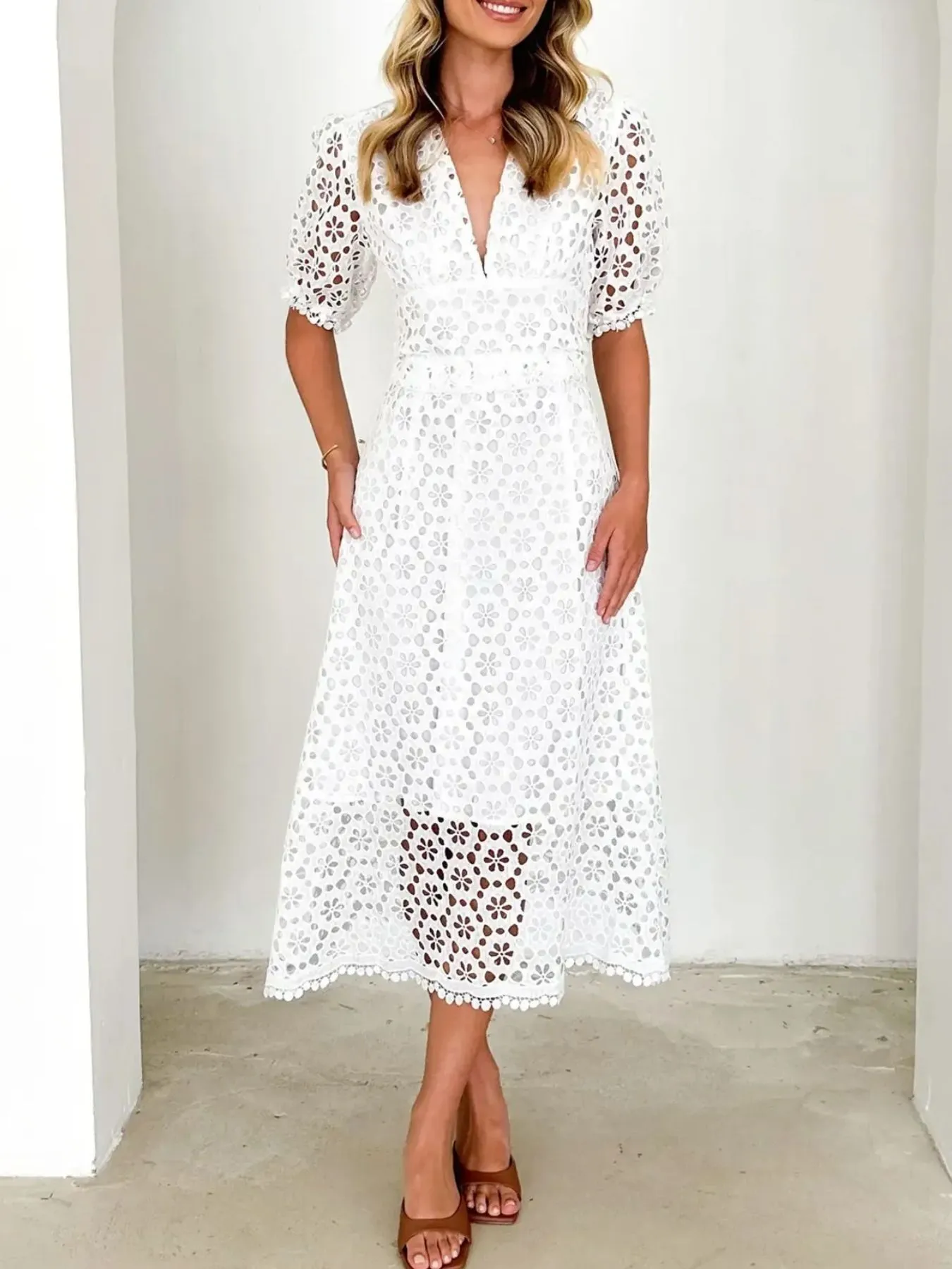 Eyelet Lace V-Neck Midi Dress with Puff Sleeves - Image 2