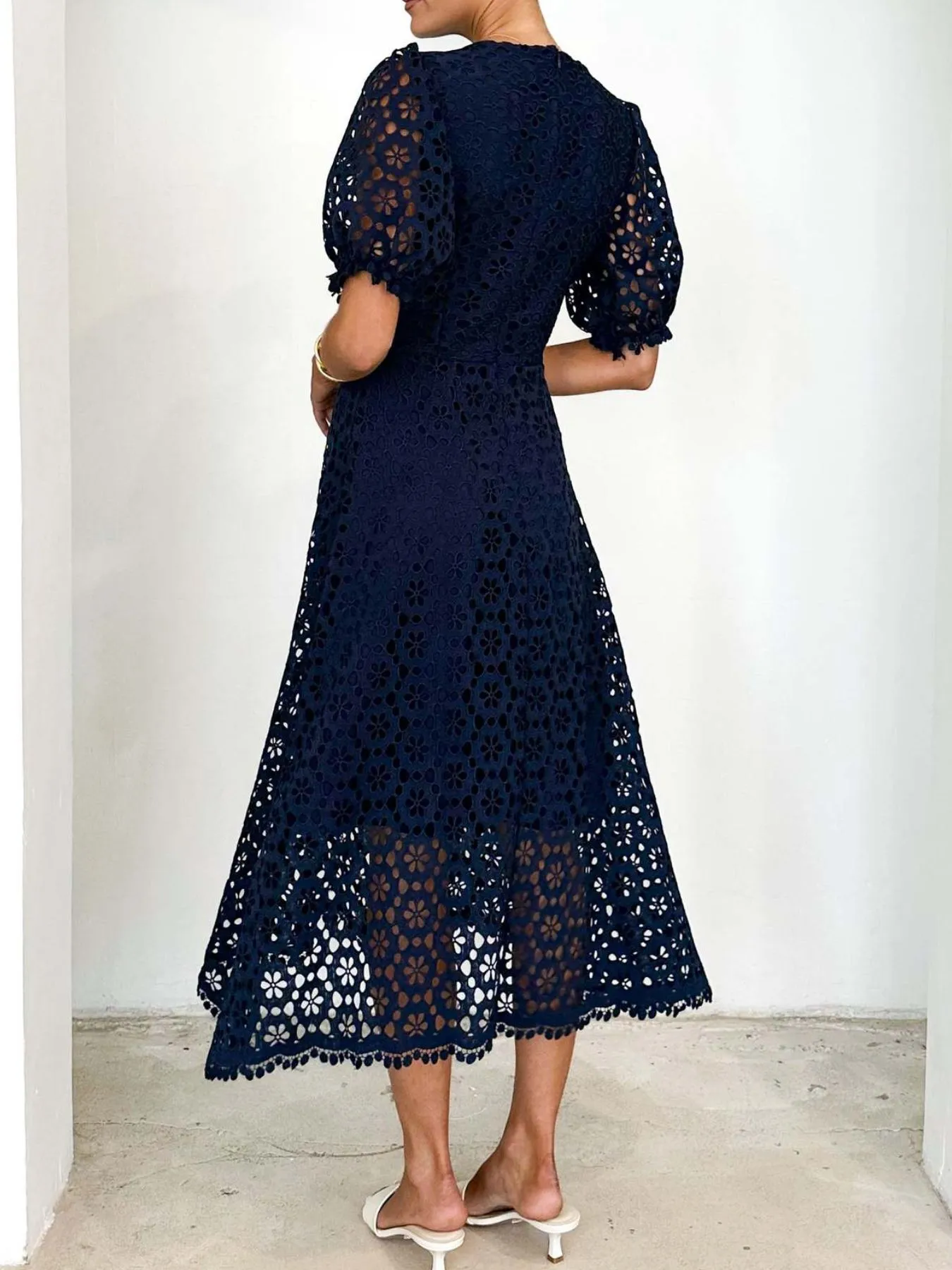 Eyelet Lace V-Neck Midi Dress with Puff Sleeves - Image 23