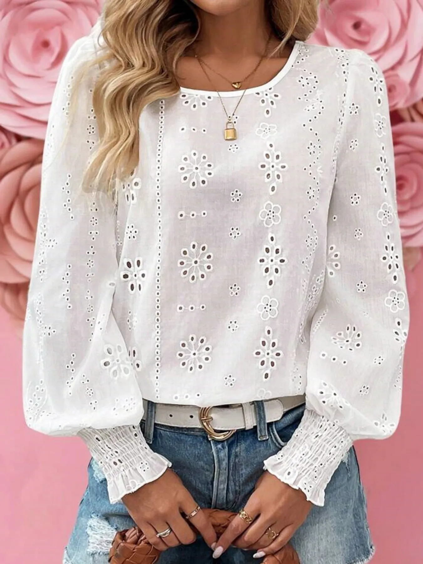 Eyelet Long Sleeve Blouse with Elastic Cuffs - Image 3