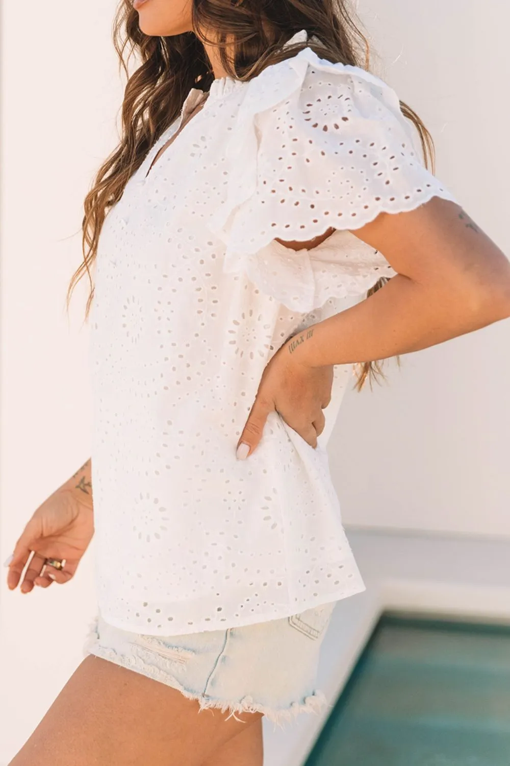 Eyelet Notched Short Sleeve Blouse - Image 4