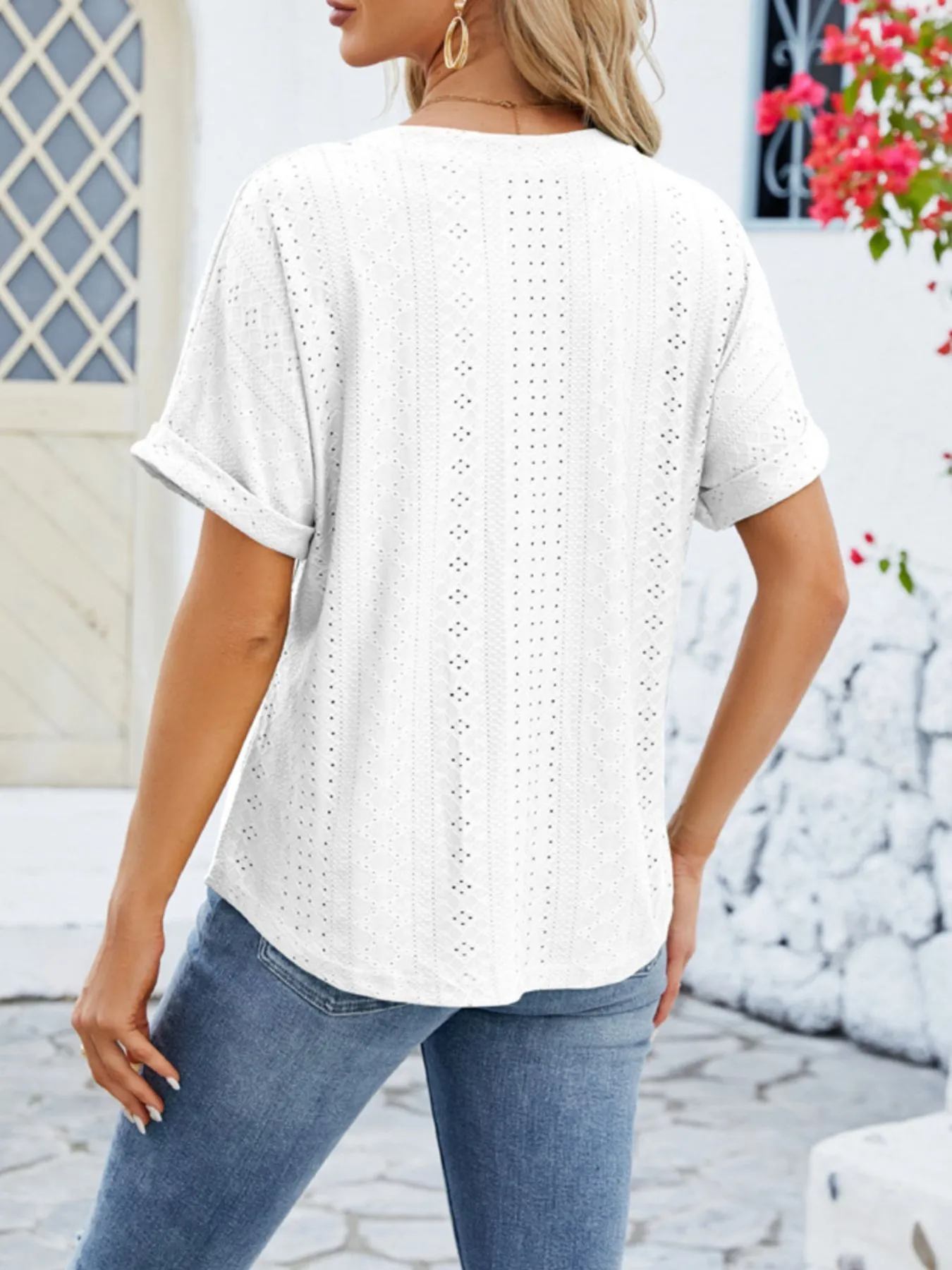 Eyelet Notched Short Sleeve Blouse - Image 20