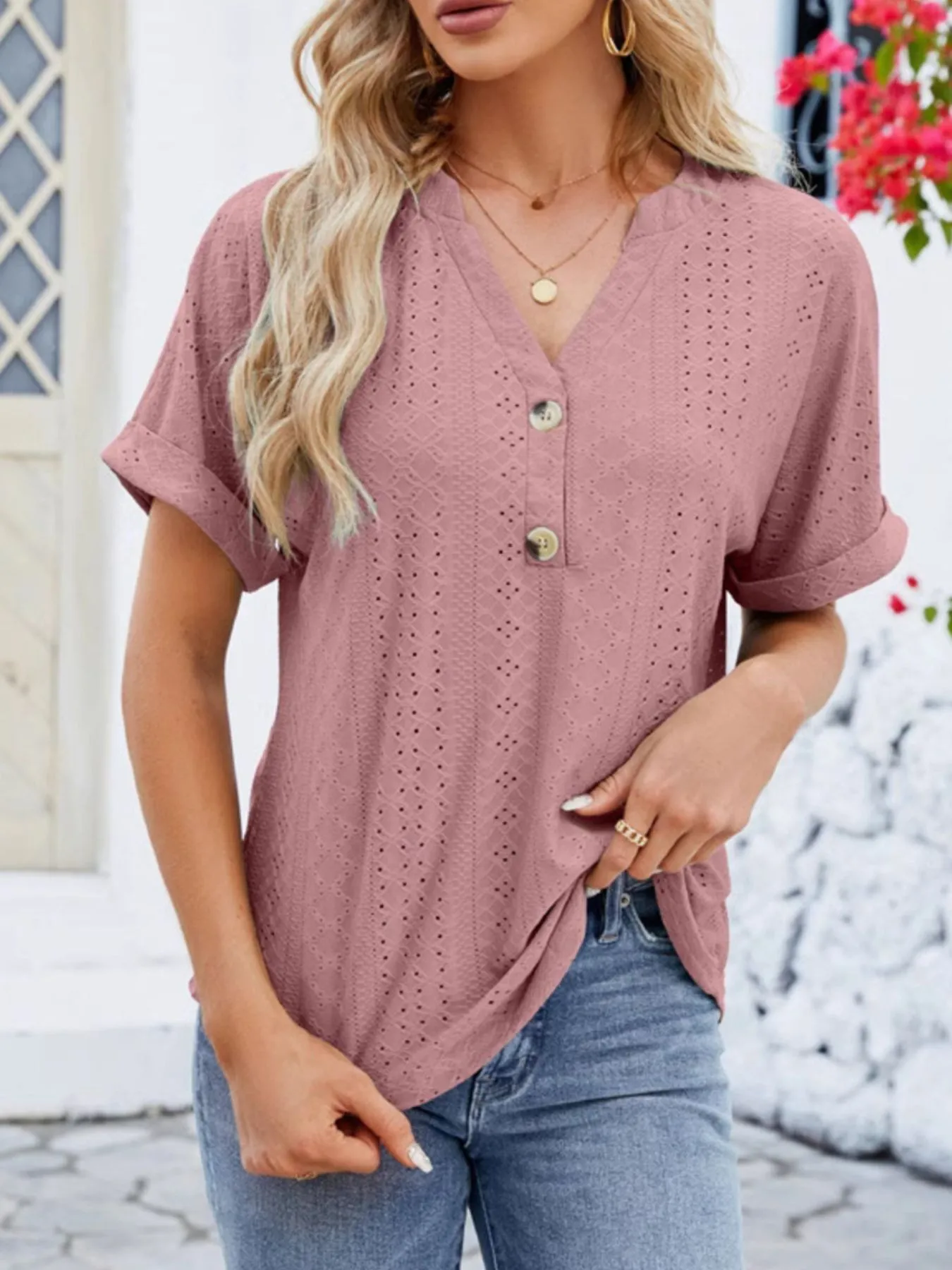 Eyelet Notched Short Sleeve Blouse - Image 21