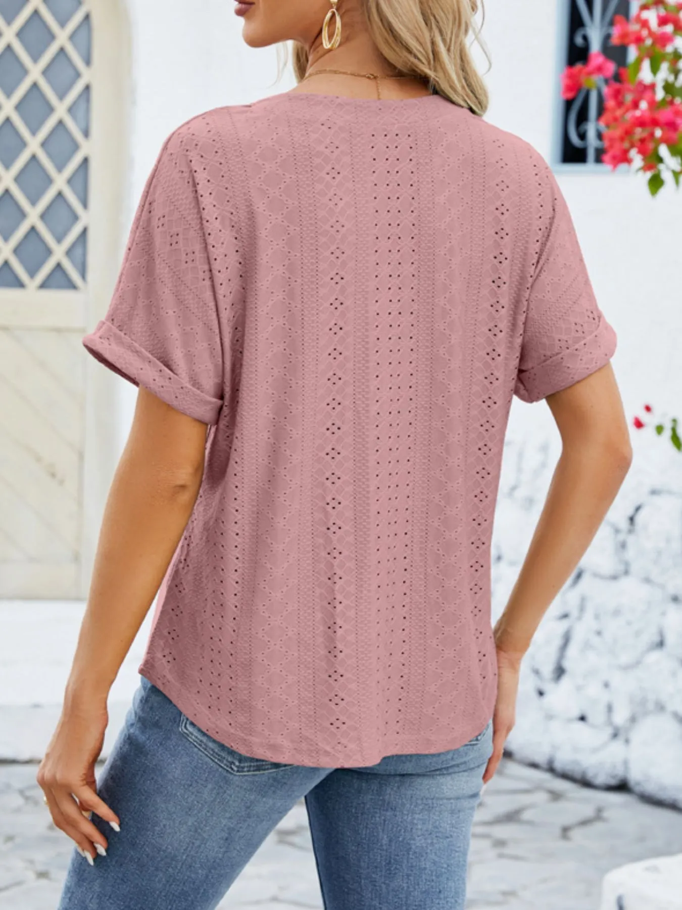 Eyelet Notched Short Sleeve Blouse - Image 25