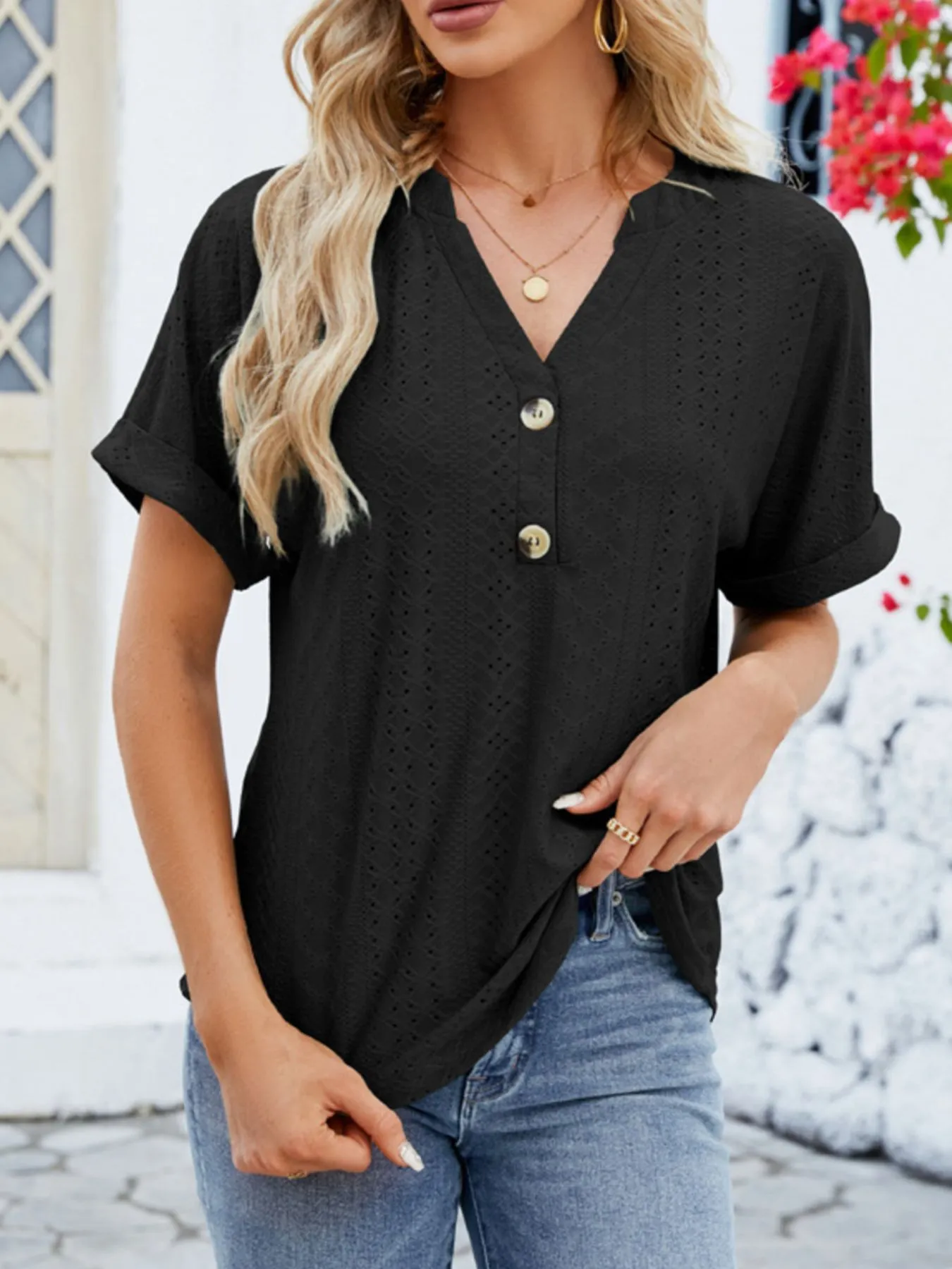 Eyelet Notched Short Sleeve Blouse - Image 8
