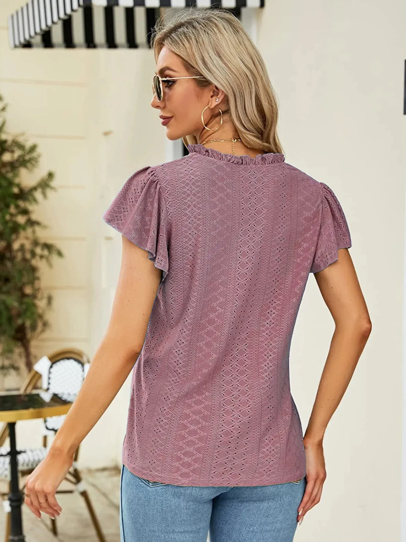 Eyelet Notched Short Sleeve T-Shirt - Image 10