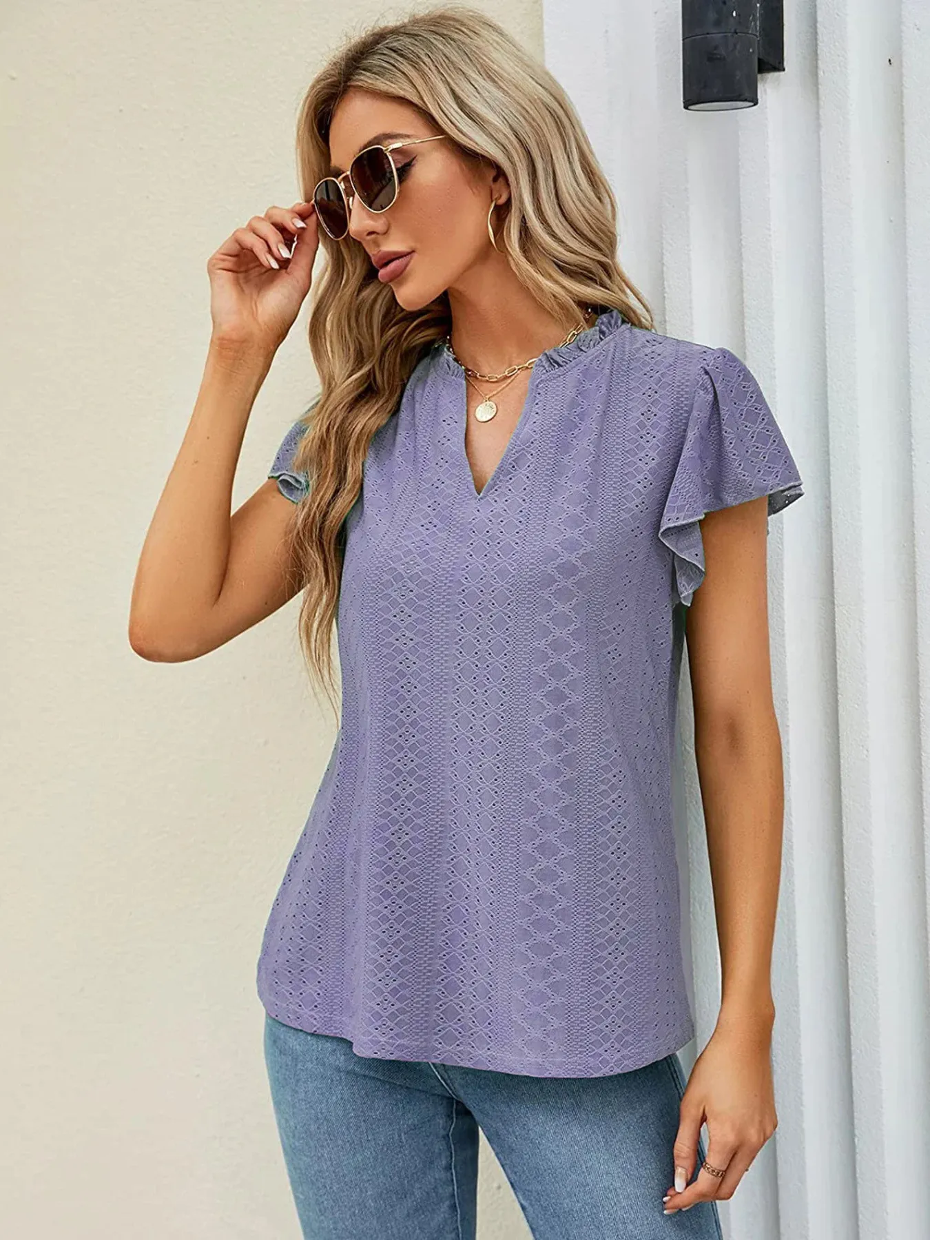 Eyelet Notched Short Sleeve T-Shirt - Image 13