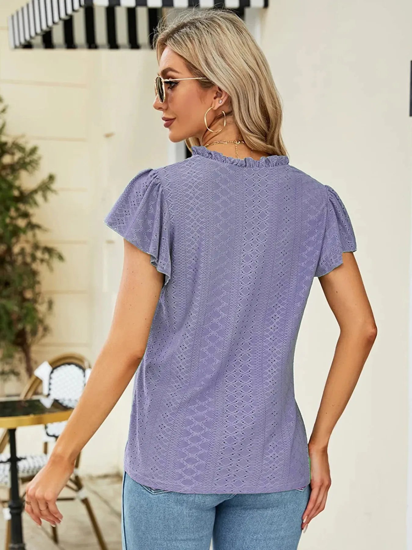 Eyelet Notched Short Sleeve T-Shirt - Image 14