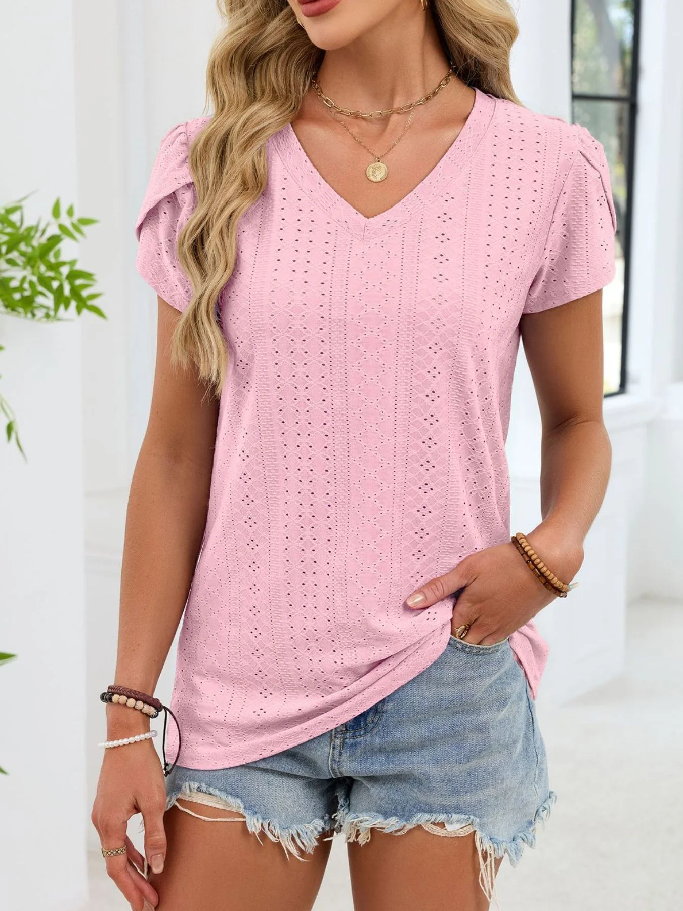 Eyelet Petal Sleeve V-Neck T-Shirt - Image 16
