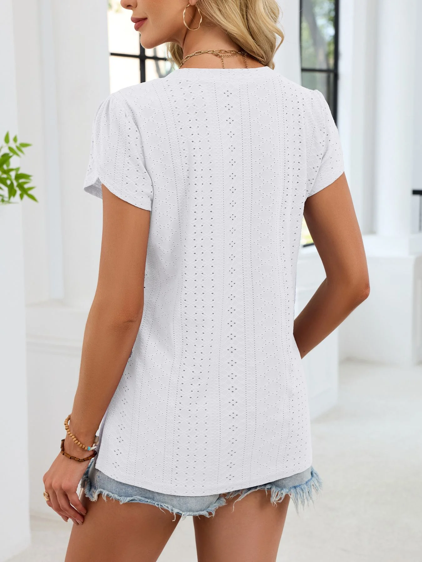 Eyelet Petal Sleeve V-Neck T-Shirt - Image 21