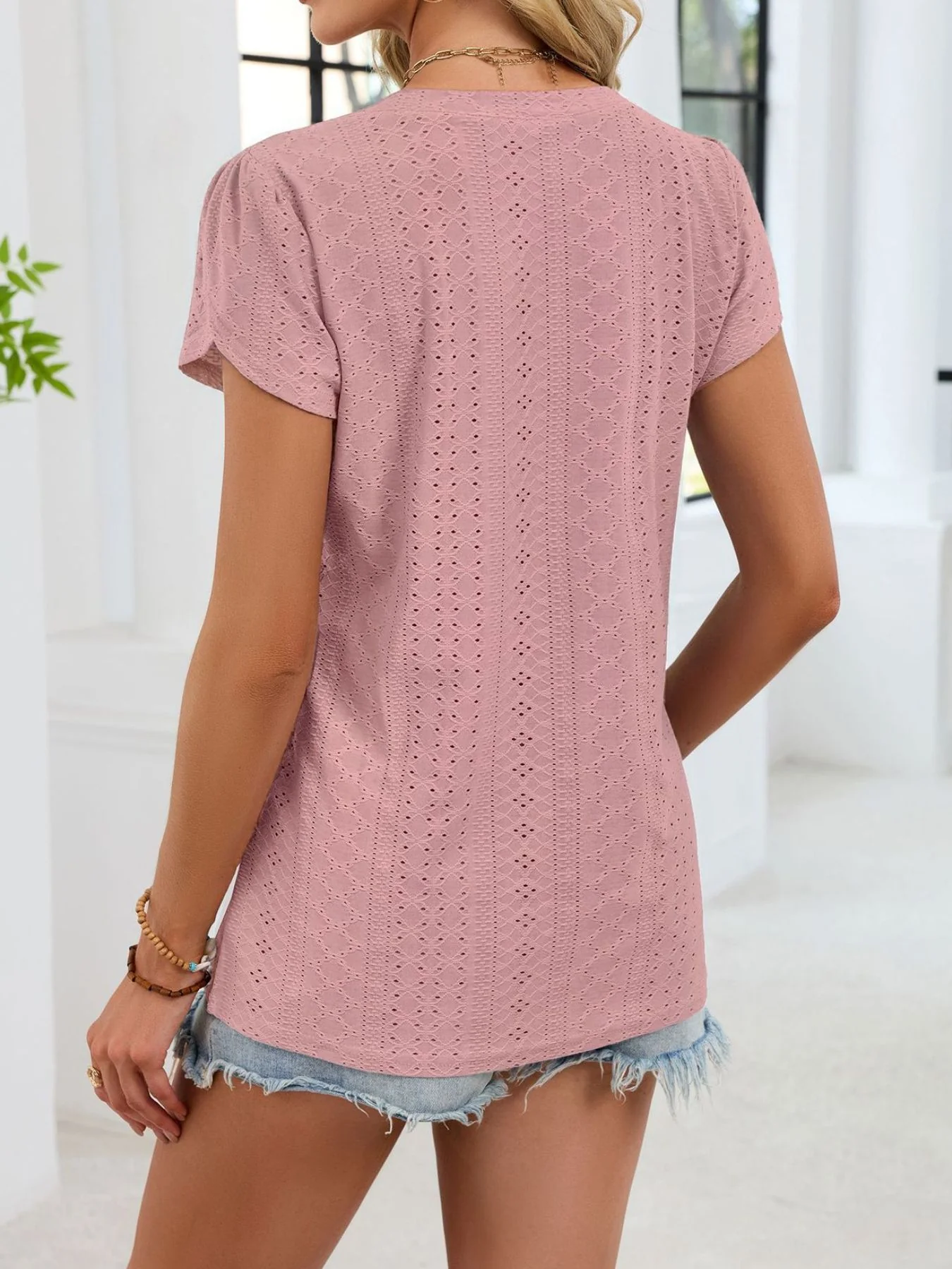 Eyelet Petal Sleeve V-Neck T-Shirt - Image 8