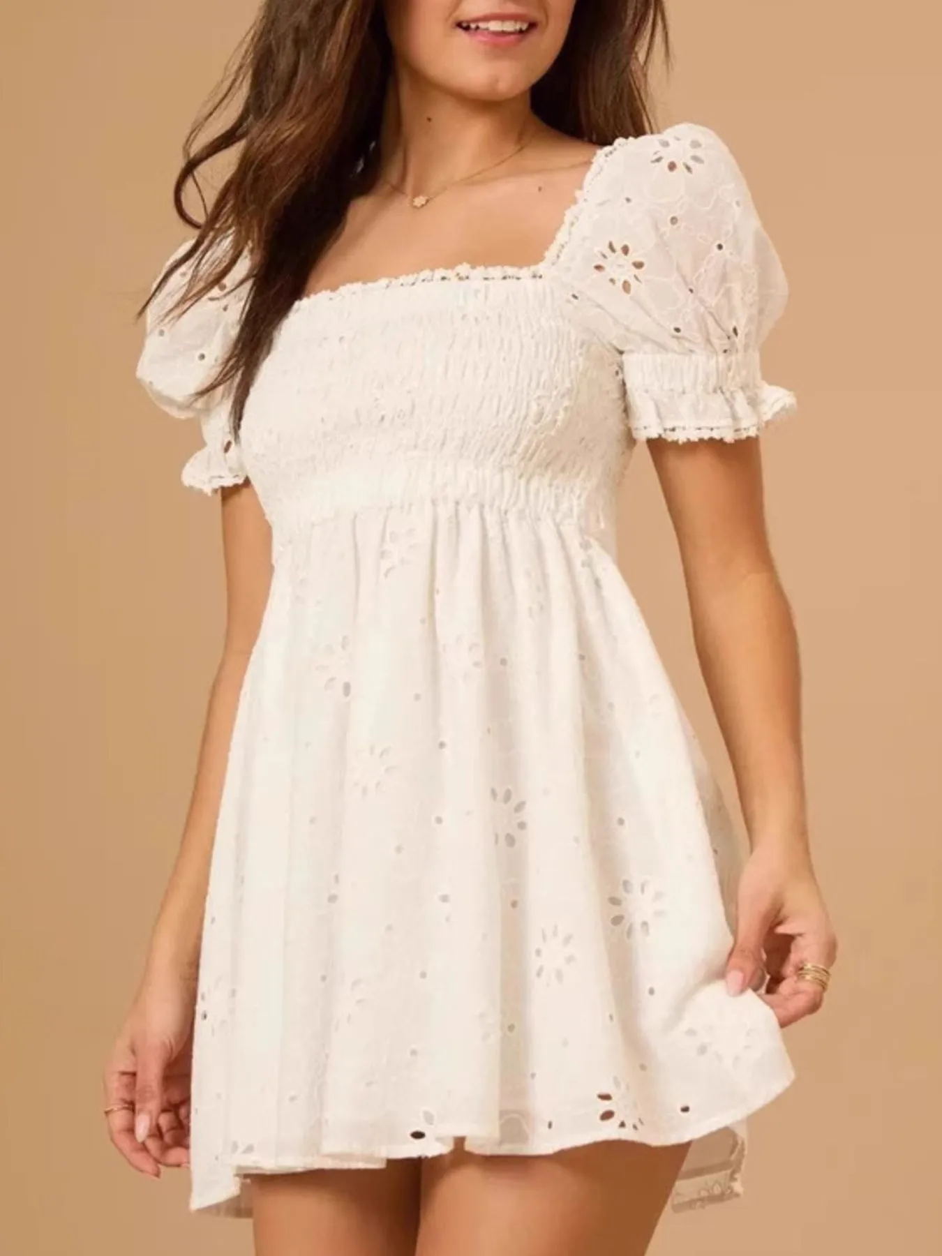 Eyelet Puff Sleeve Smocked Mini Dress - Image 6