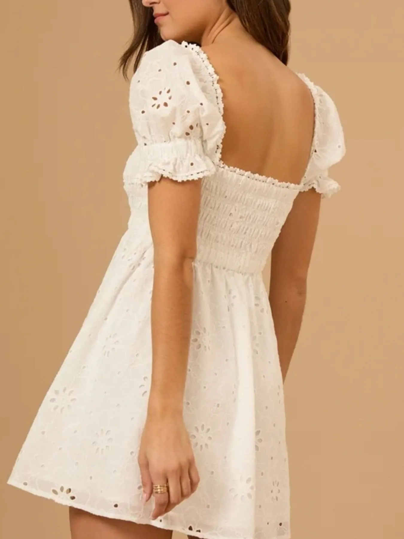 Eyelet Puff Sleeve Smocked Mini Dress - Image 9