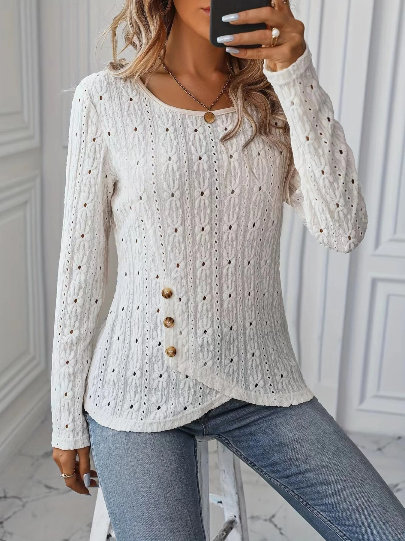 Eyelet Round Neck Blouse - Image 3