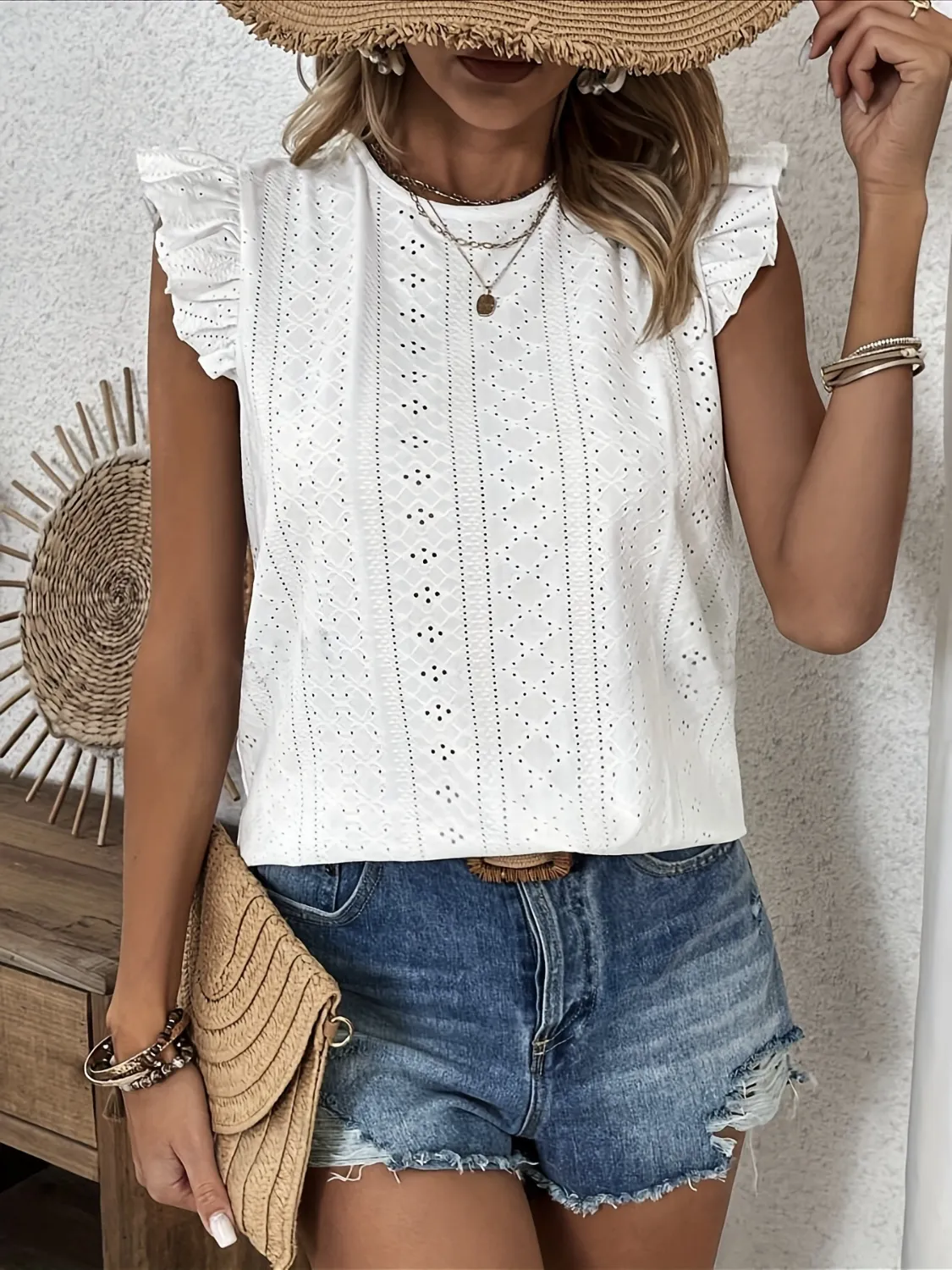 Eyelet Round Neck Cap Sleeve Blouse - Image 5