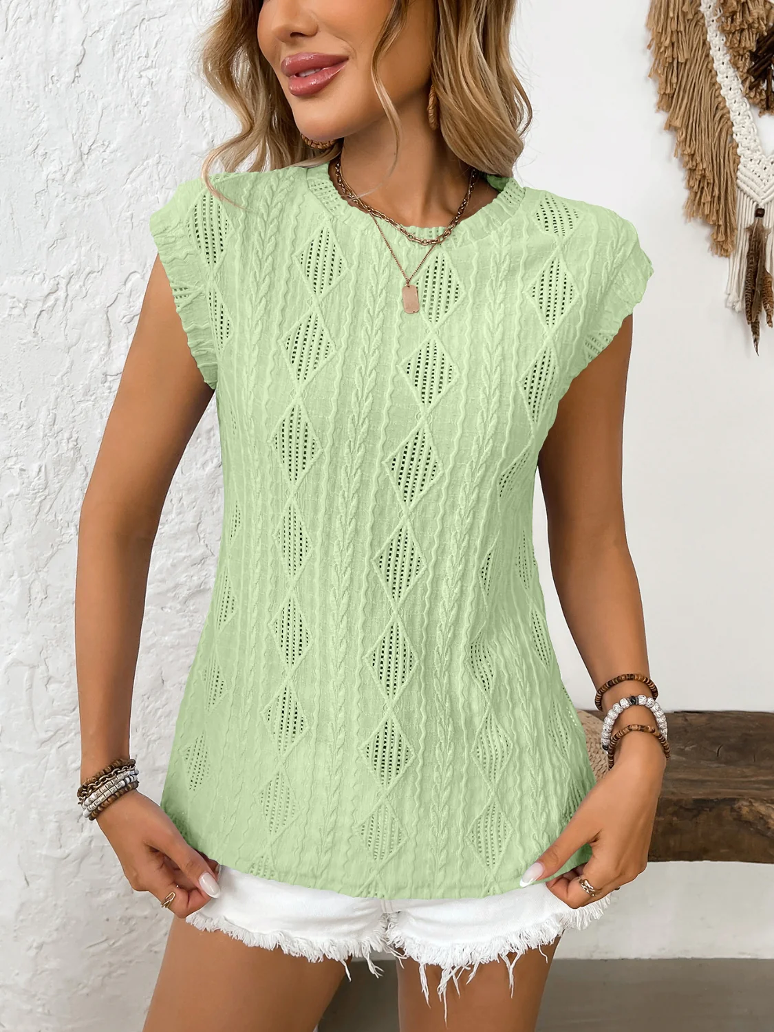 Eyelet Round Neck Cap Sleeve Top - Image 4