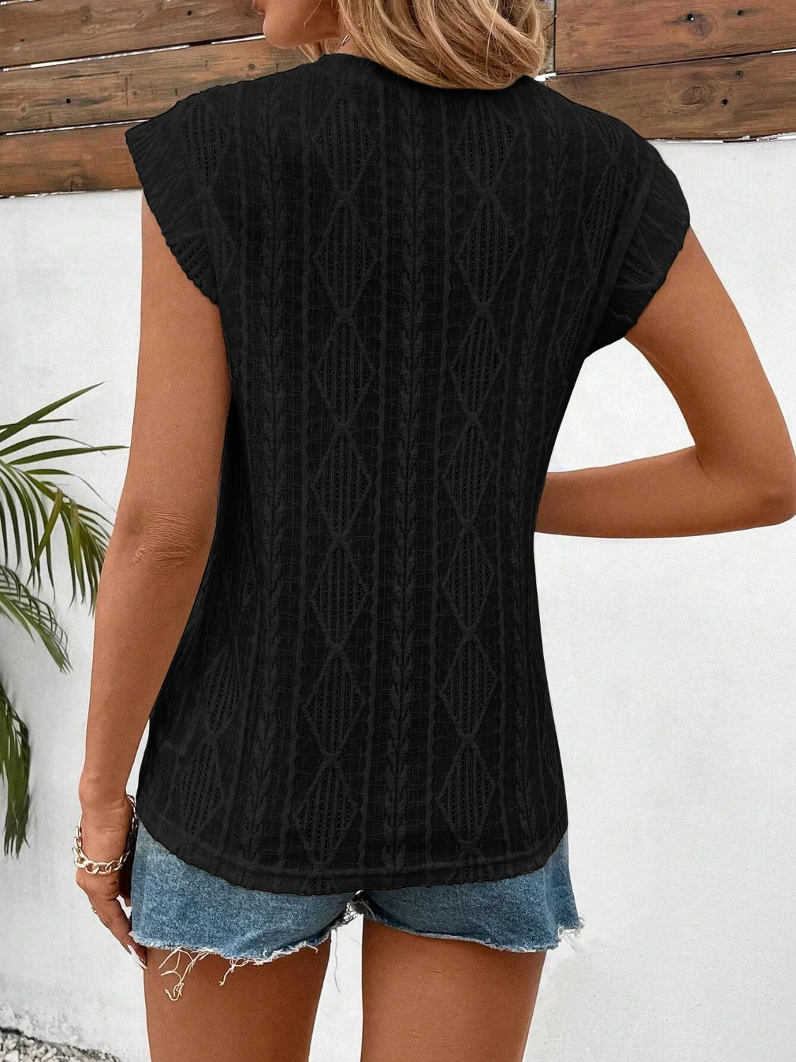 Eyelet Round Neck Cap Sleeve Top - Image 12