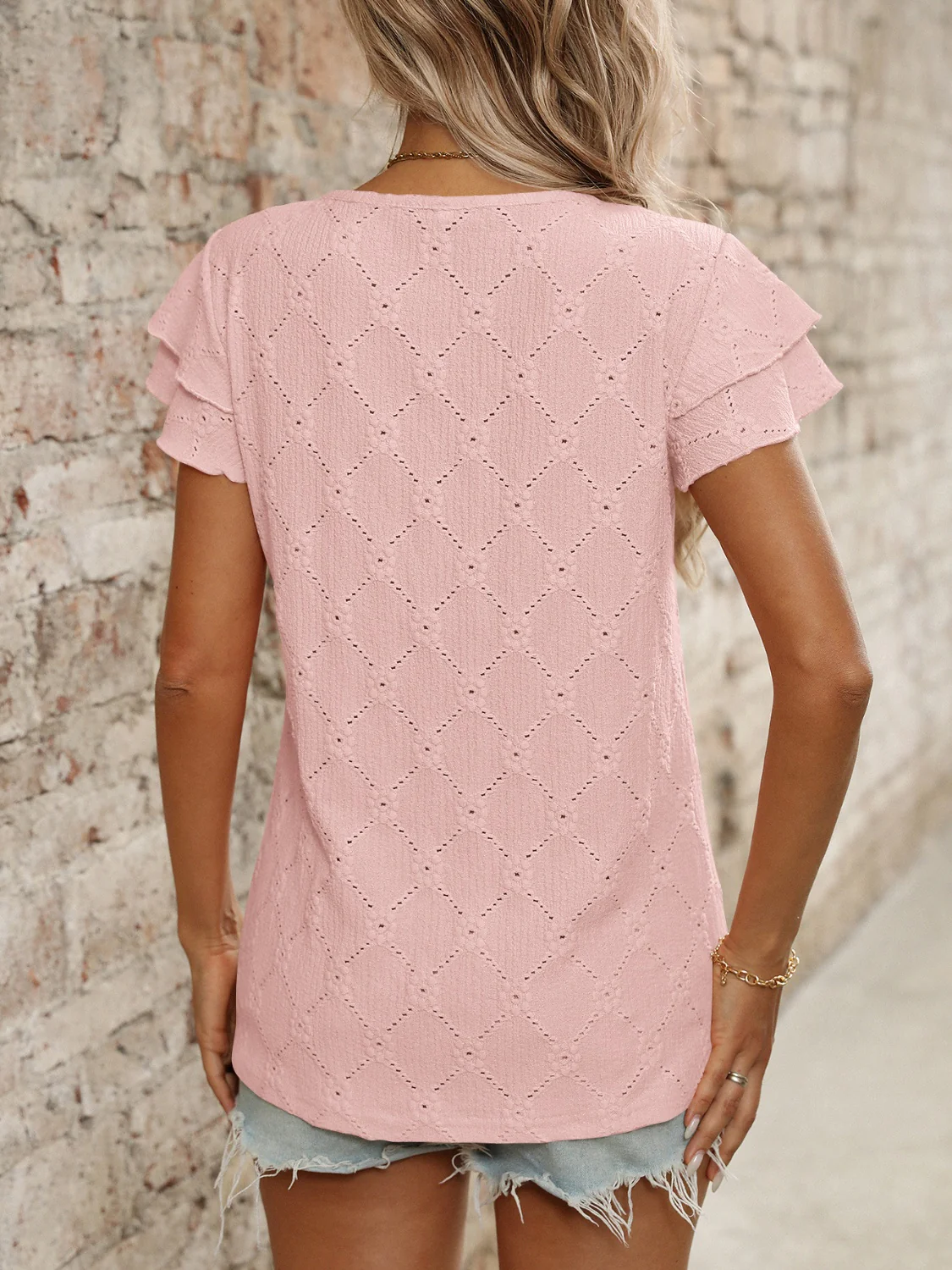 Eyelet Round Neck Double Layered Ruffled Short Sleeve Top - Image 8