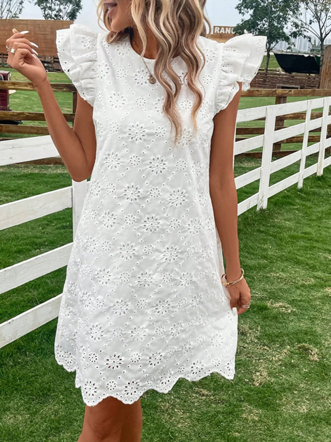 Eyelet Round Neck Ruffled Cap Sleeve Dress - Image 2