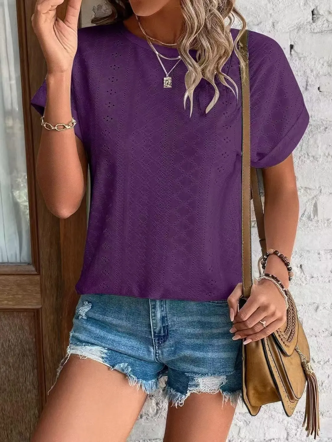 Eyelet Round Neck Short Sleeve T-Shirt - Image 10