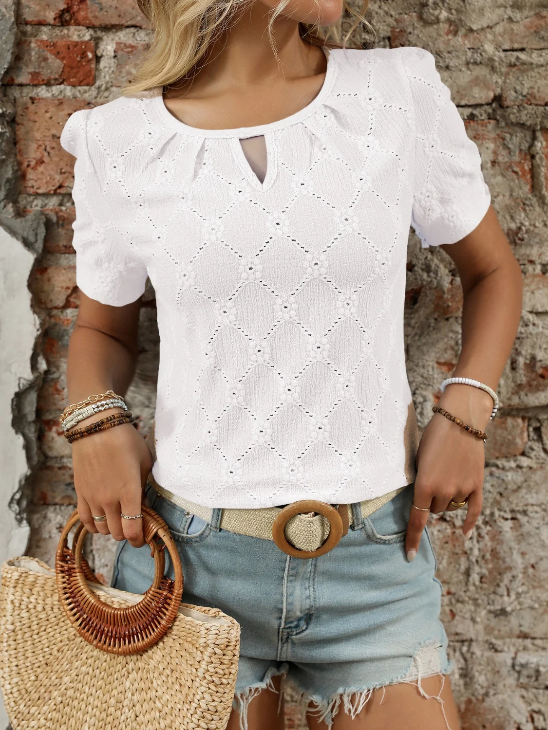 Eyelet Round Neck Short Sleeve Top - Image 16
