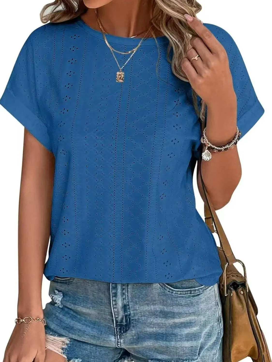 Eyelet Round Neck Short Sleeve Top - Image 10