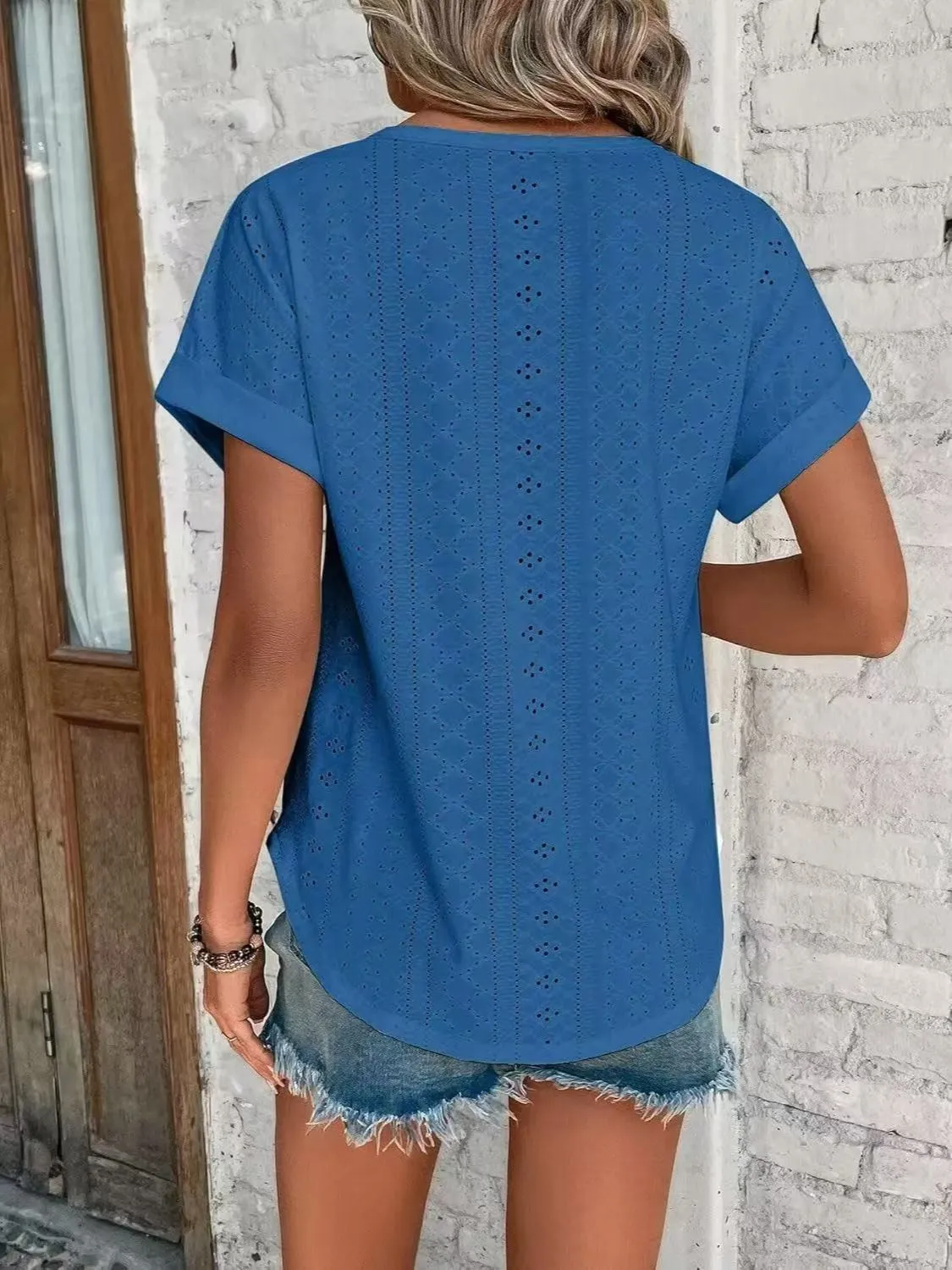 Eyelet Round Neck Short Sleeve Top - Image 12
