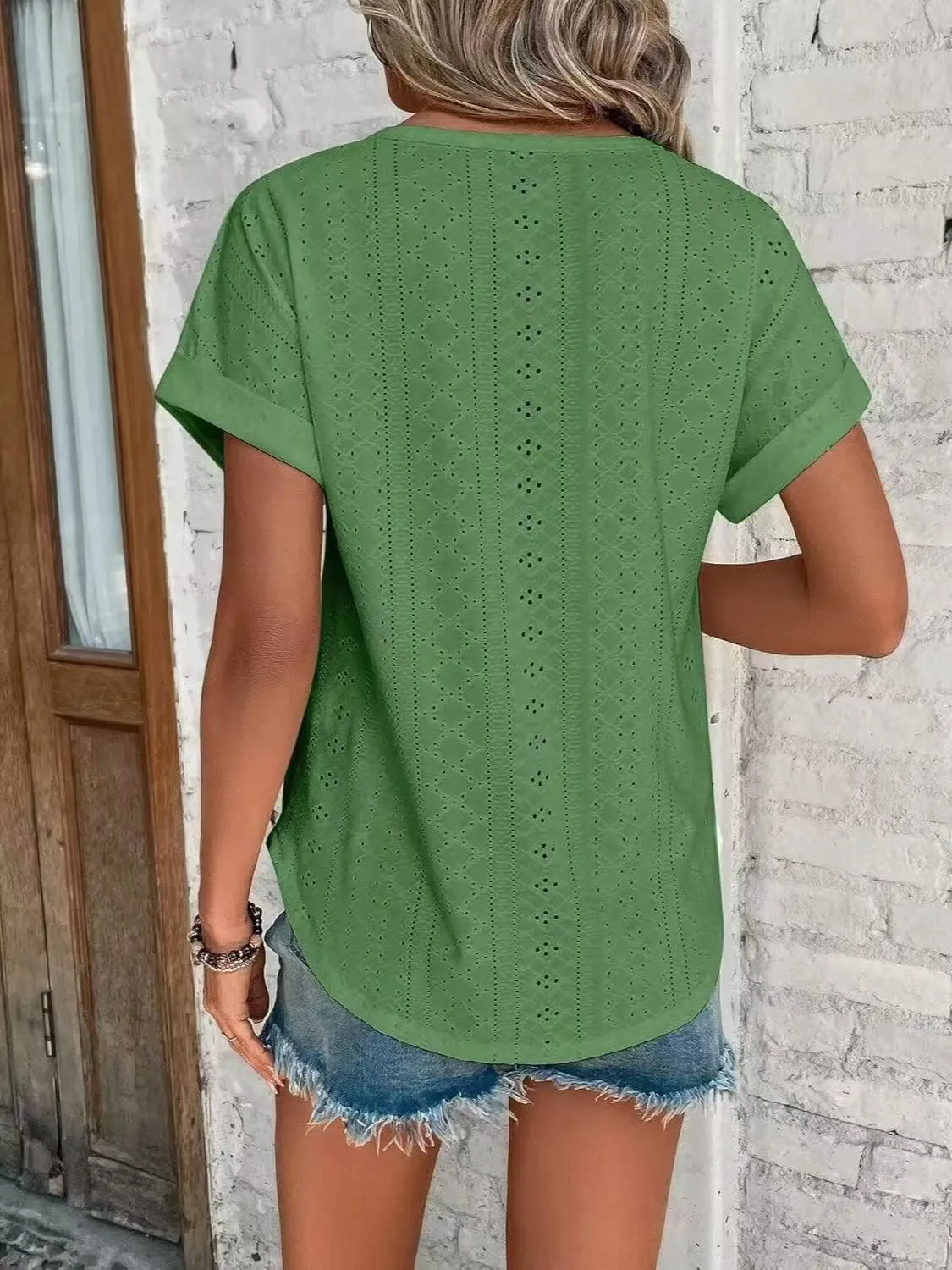 Eyelet Round Neck Short Sleeve Top - Image 16