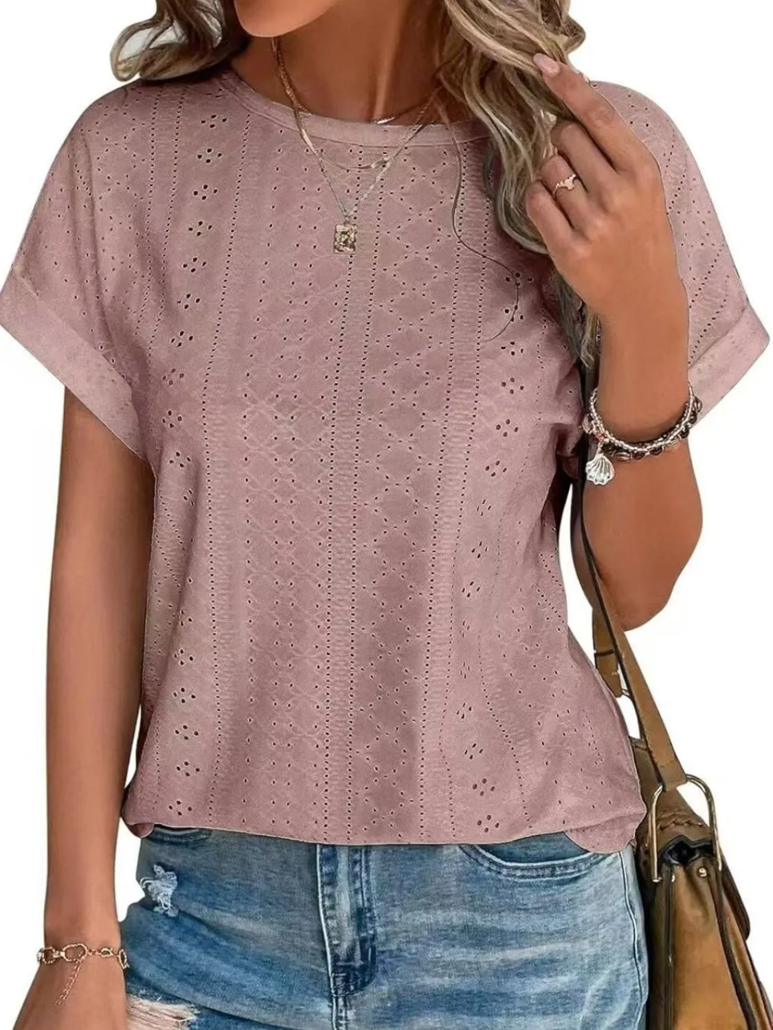 Eyelet Round Neck Short Sleeve Top - Image 18