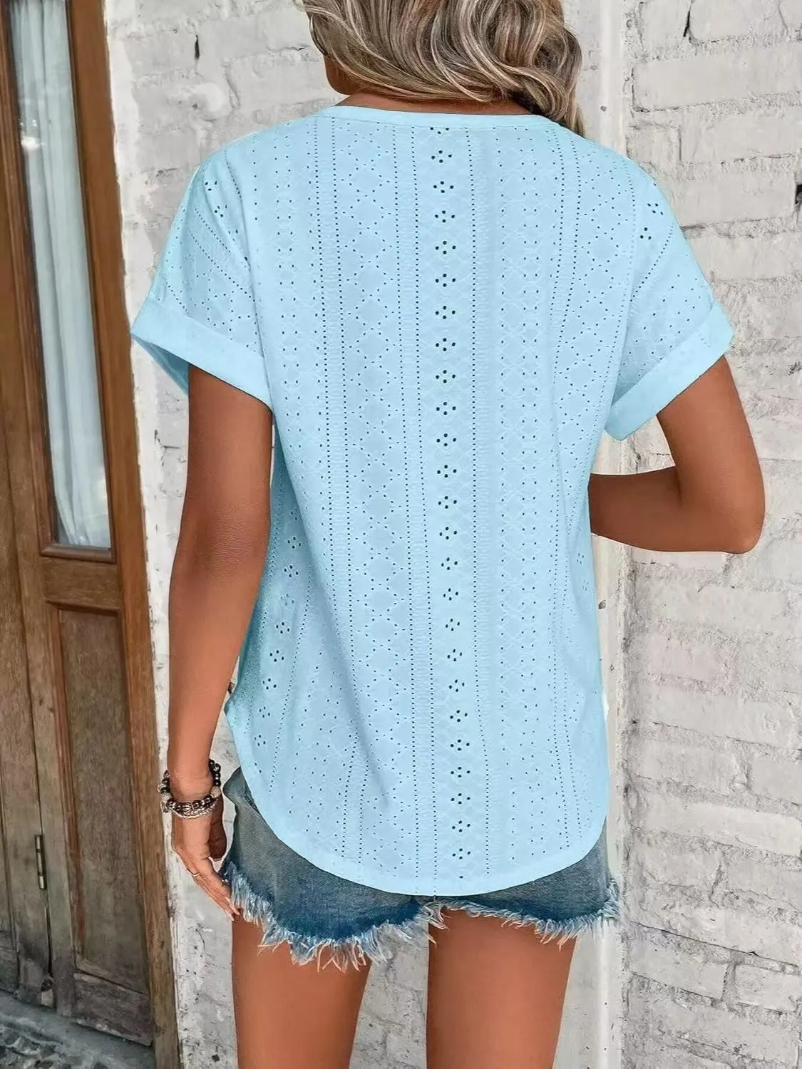 Eyelet Round Neck Short Sleeve Top - Image 2