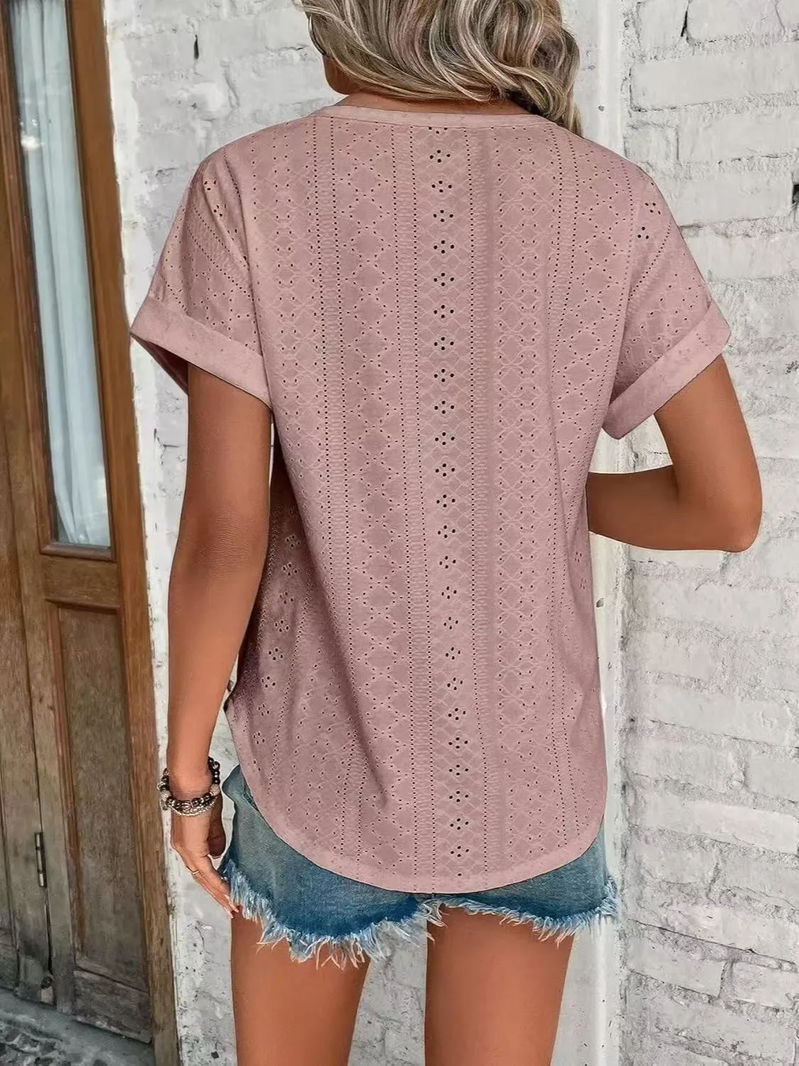 Eyelet Round Neck Short Sleeve Top - Image 20