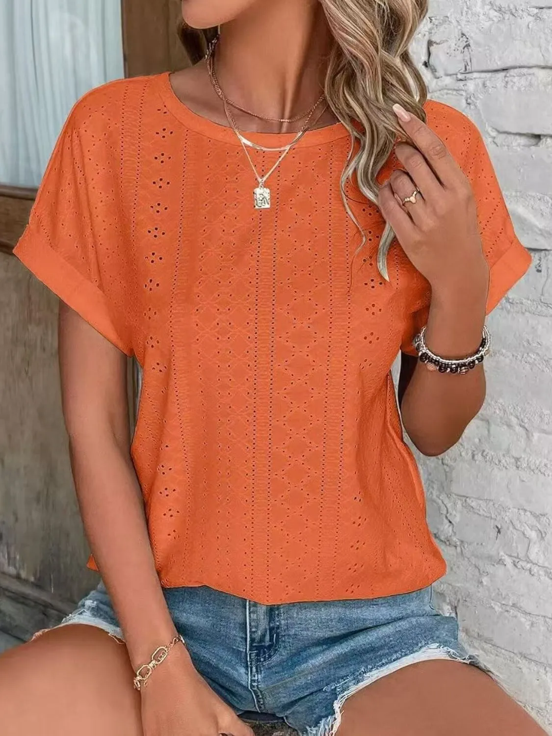 Eyelet Round Neck Short Sleeve Top - Image 21