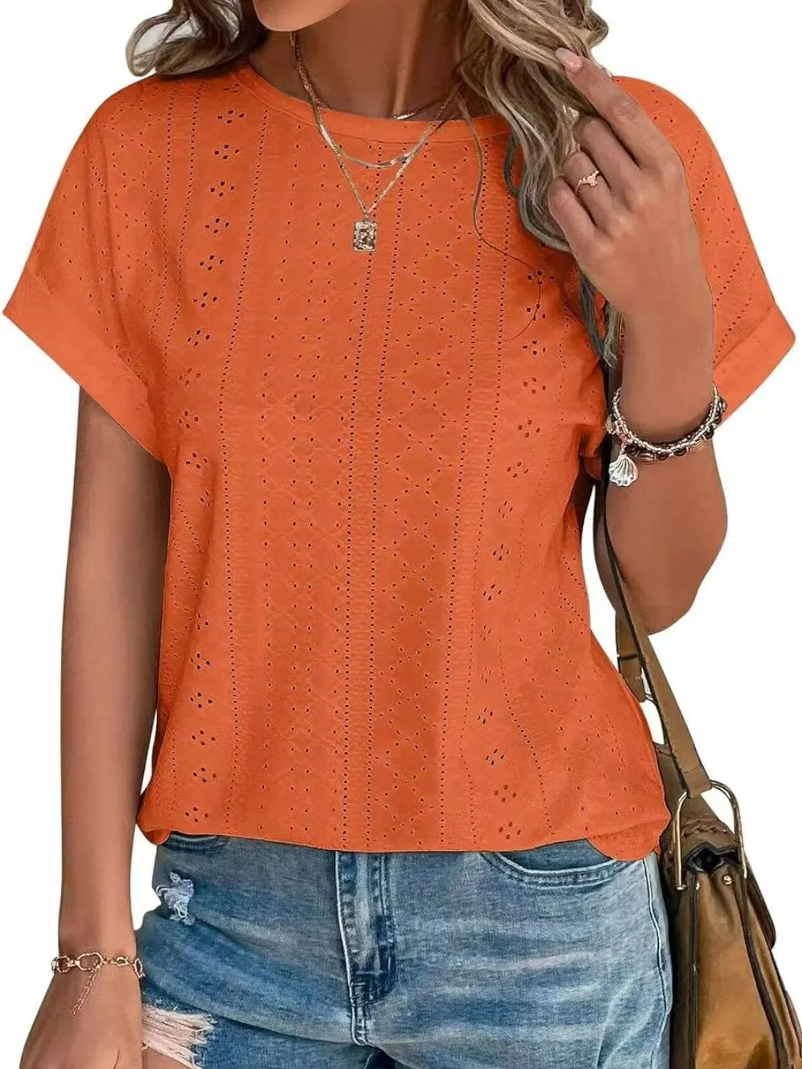 Eyelet Round Neck Short Sleeve Top - Image 22