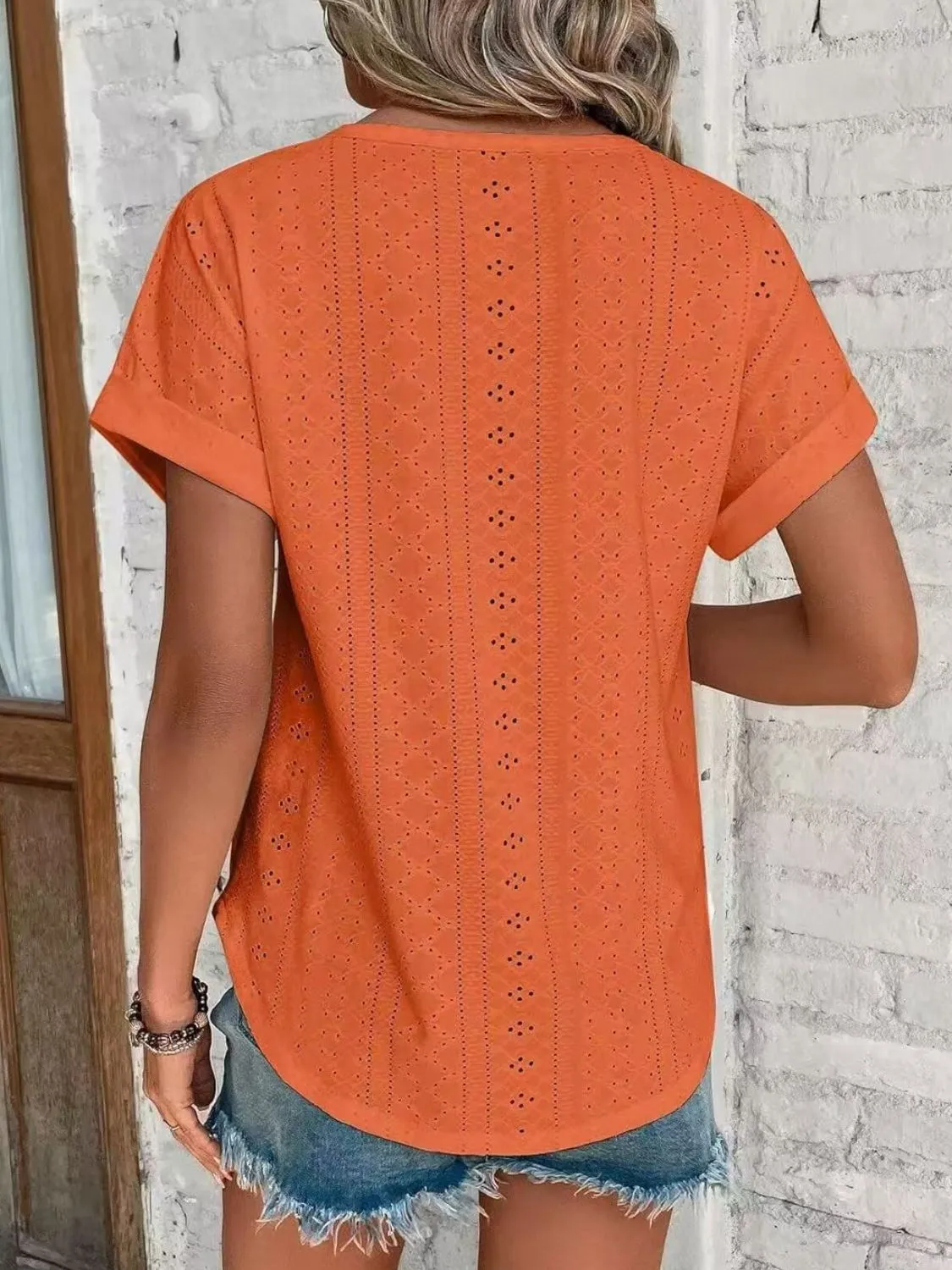 Eyelet Round Neck Short Sleeve Top - Image 24