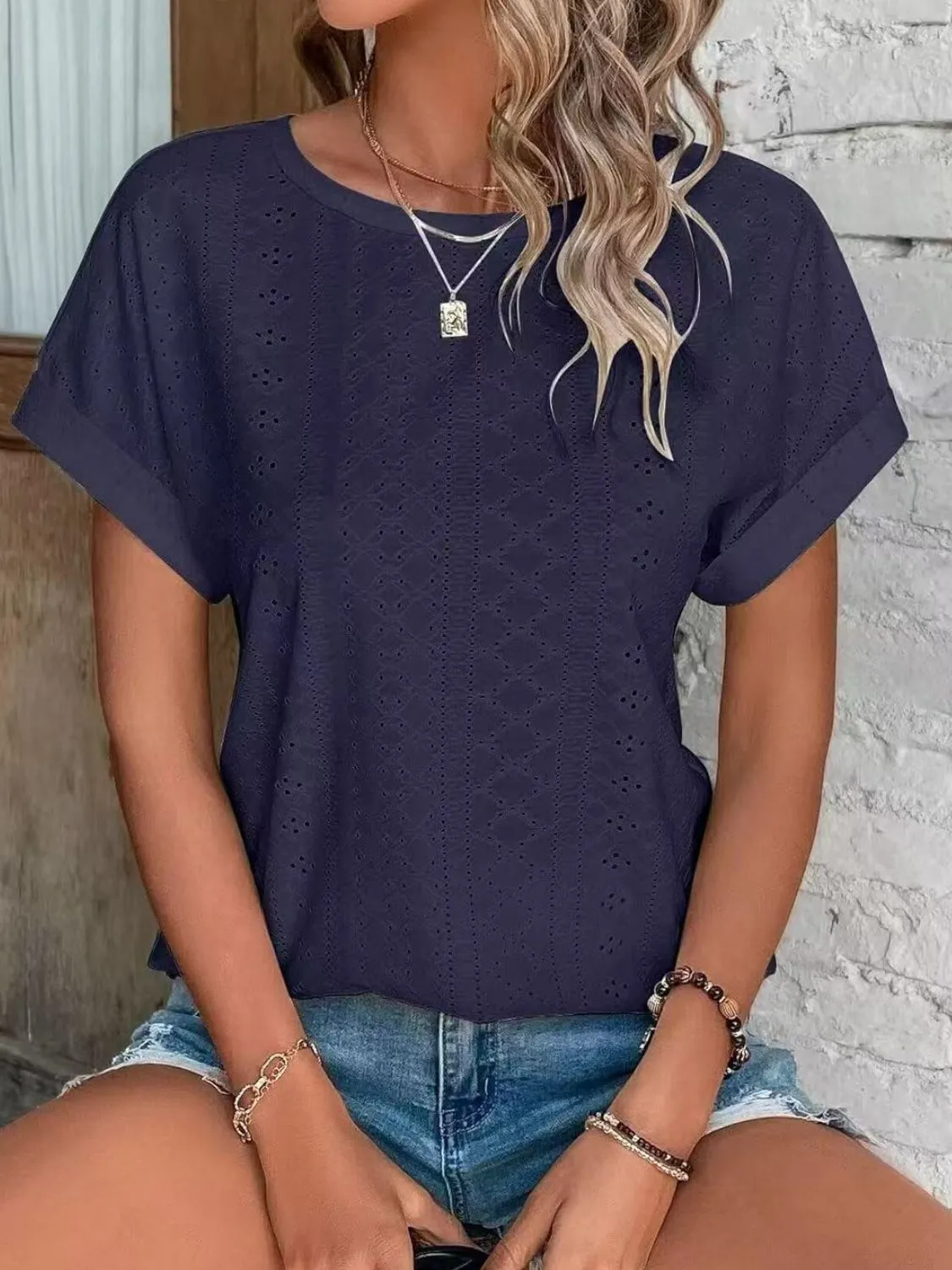 Eyelet Round Neck Short Sleeve Top - Image 25