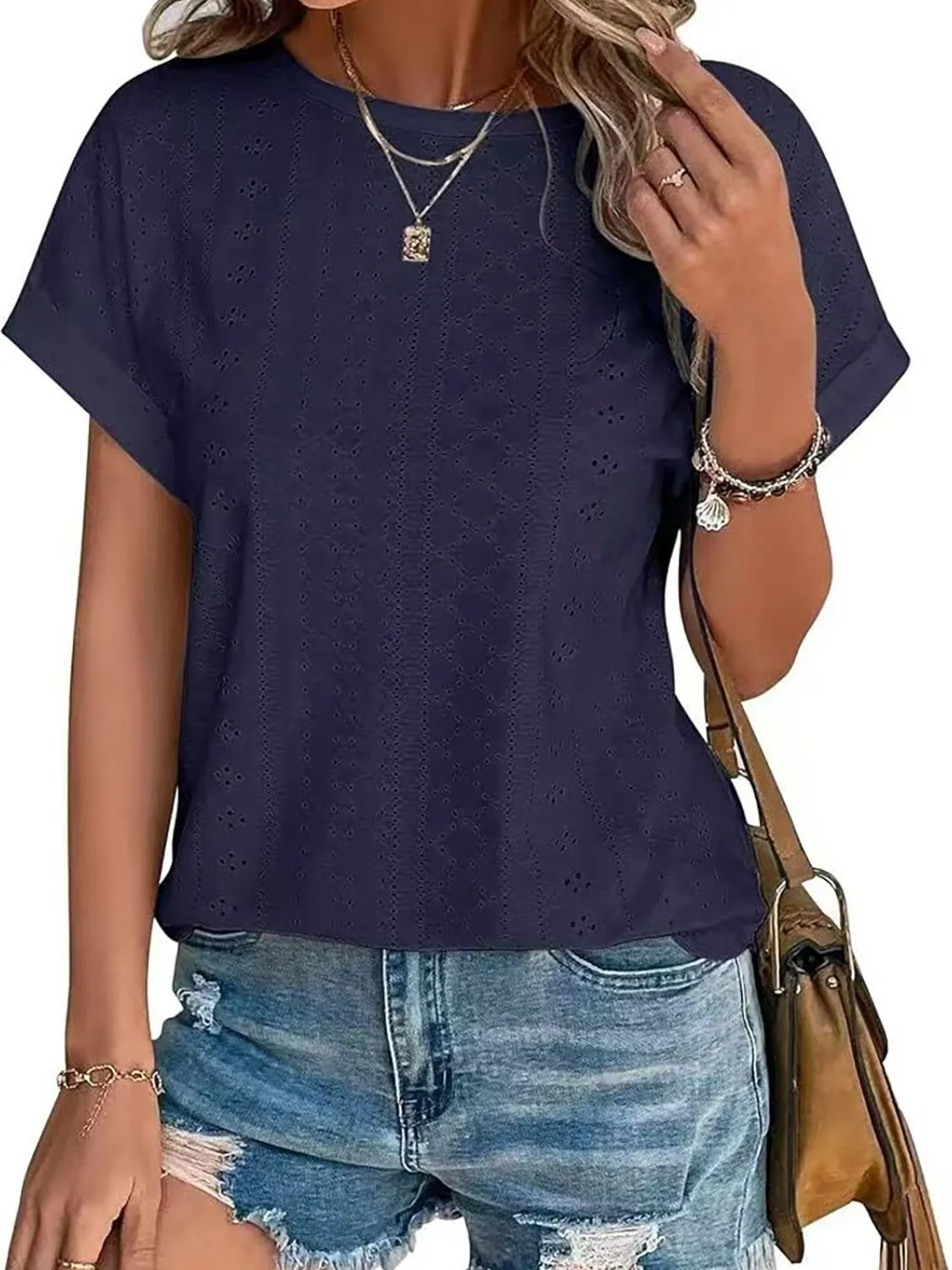 Eyelet Round Neck Short Sleeve Top - Image 26