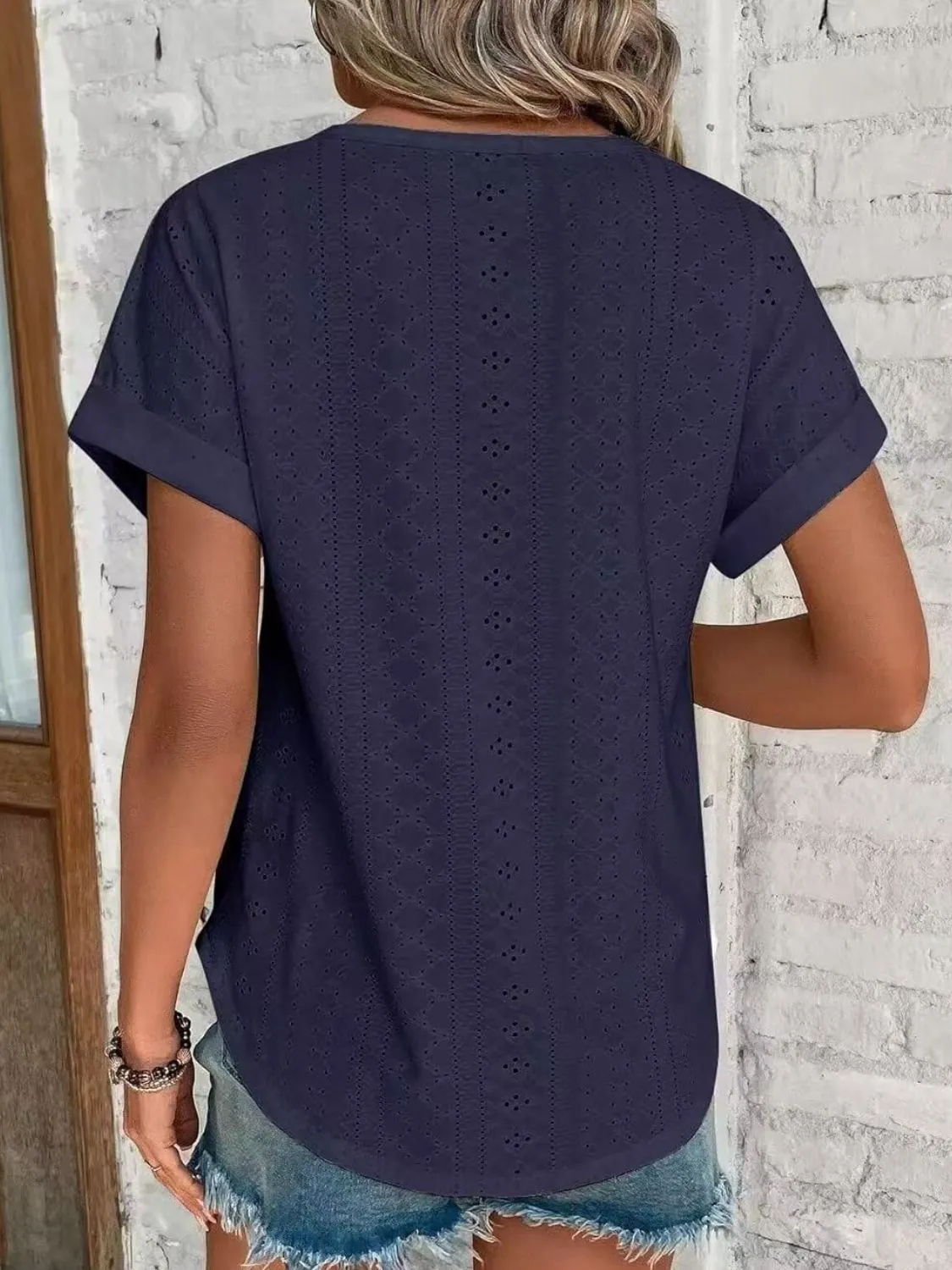 Eyelet Round Neck Short Sleeve Top - Image 28
