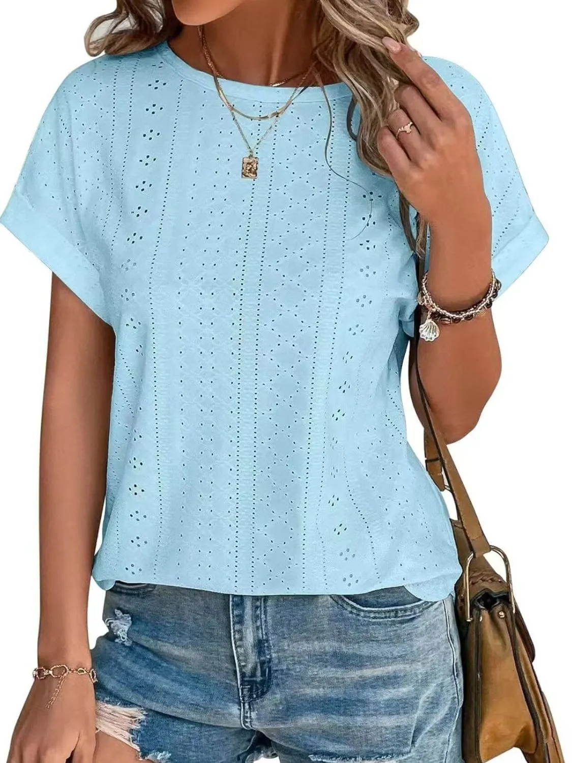 Eyelet Round Neck Short Sleeve Top - Image 4