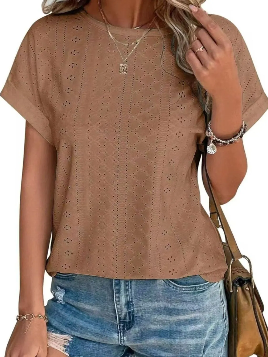Eyelet Round Neck Short Sleeve Top - Image 6