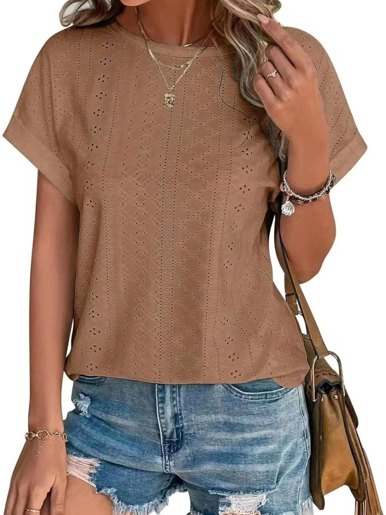 Eyelet Round Neck Short Sleeve Top - Image 22