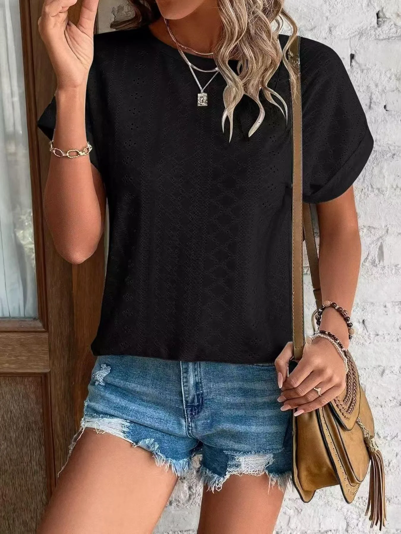 Eyelet Round Neck Short Sleeve Top - Image 4