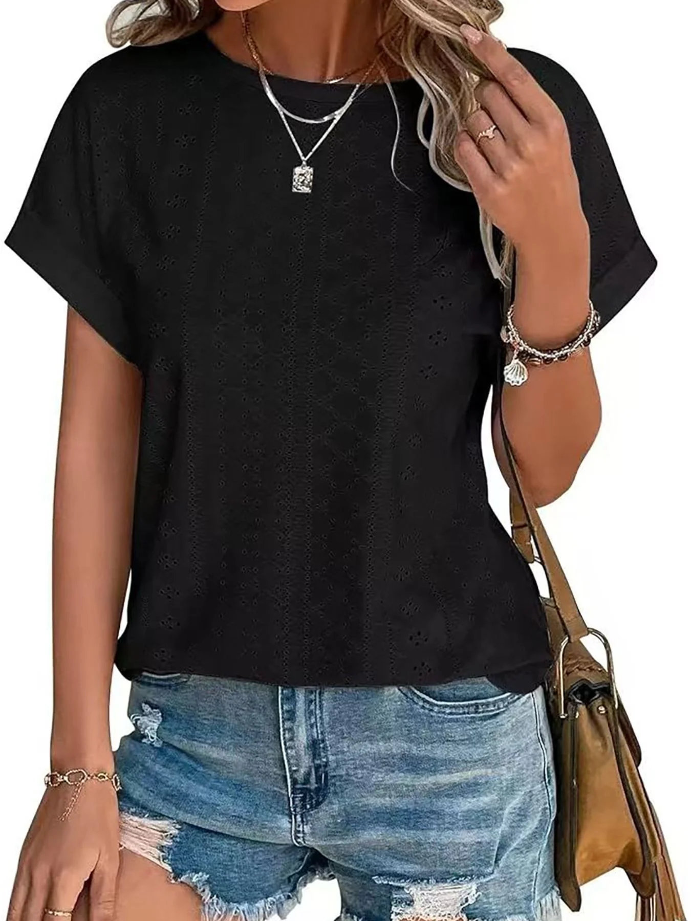 Eyelet Round Neck Short Sleeve Top - Image 5