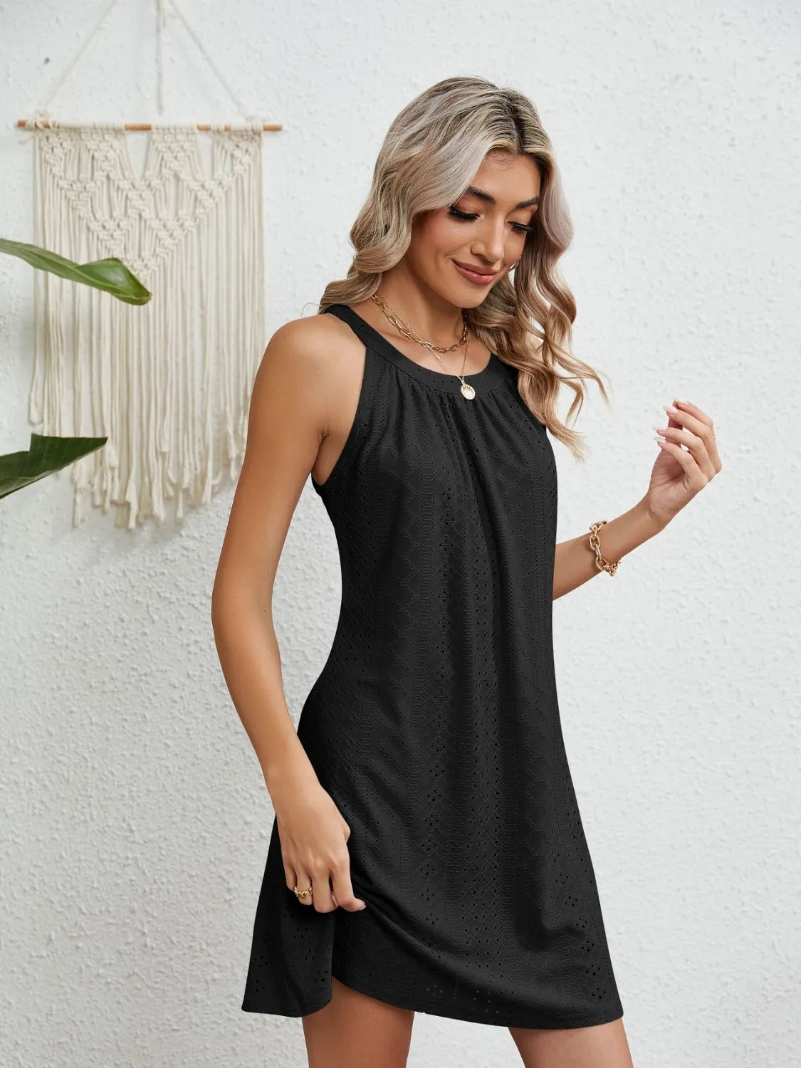 Eyelet Round Neck Sleeveless Dress - Image 13