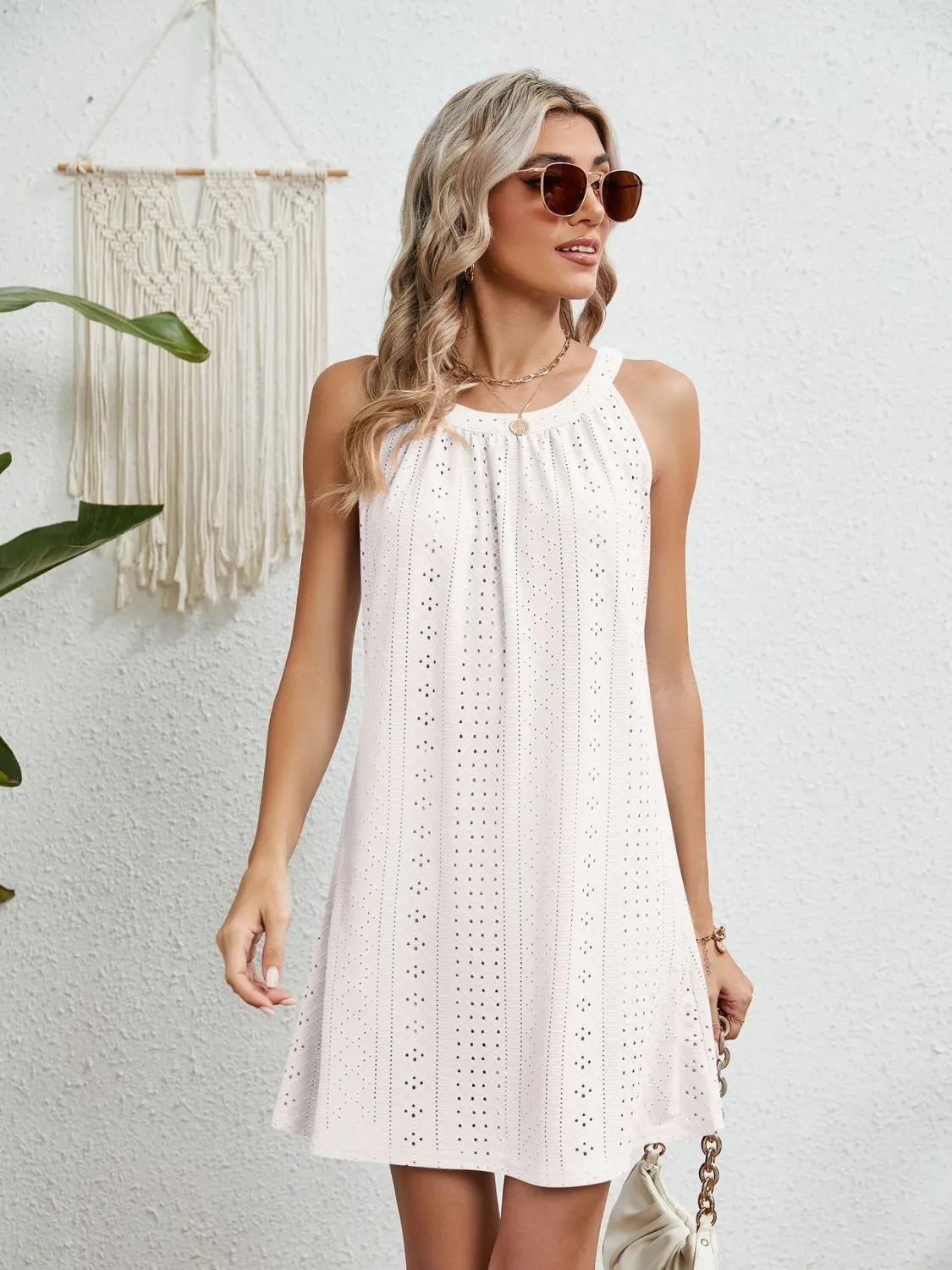 Eyelet Round Neck Sleeveless Dress - Image 19