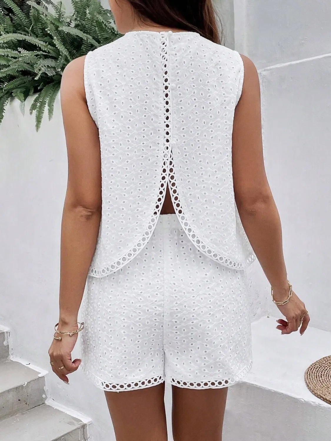 Eyelet Round Neck Top and Shorts Set - Image 5