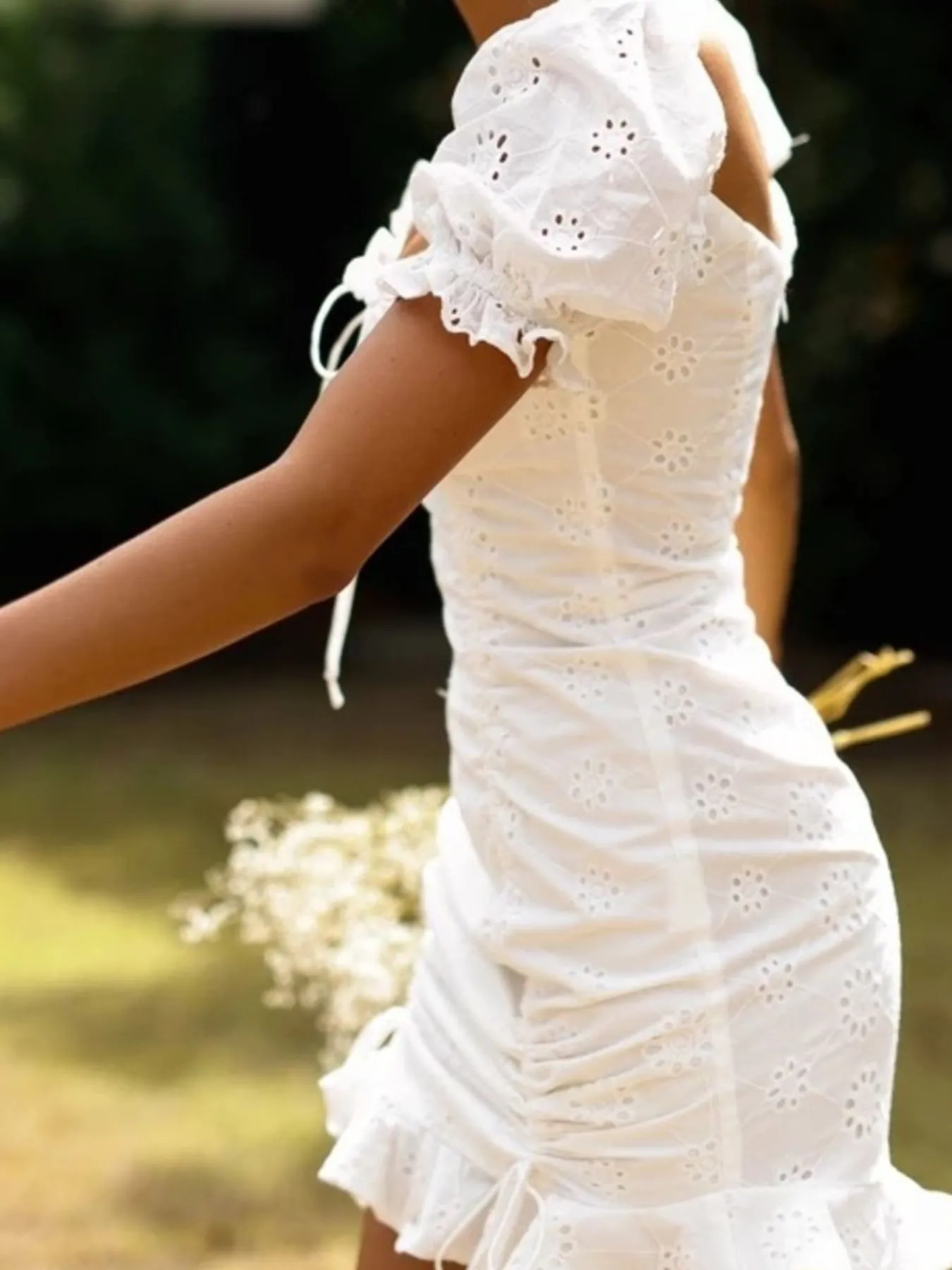 Eyelet Ruffled Hem Lace Up Mini Dress - Image 4
