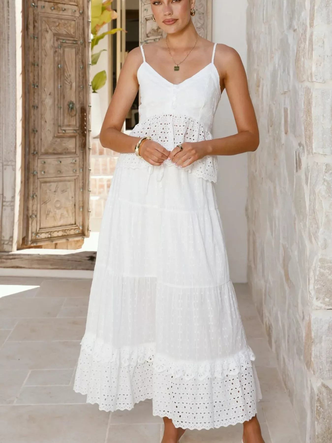 Eyelet V-Neck Cami and Skirt Set - Image 8