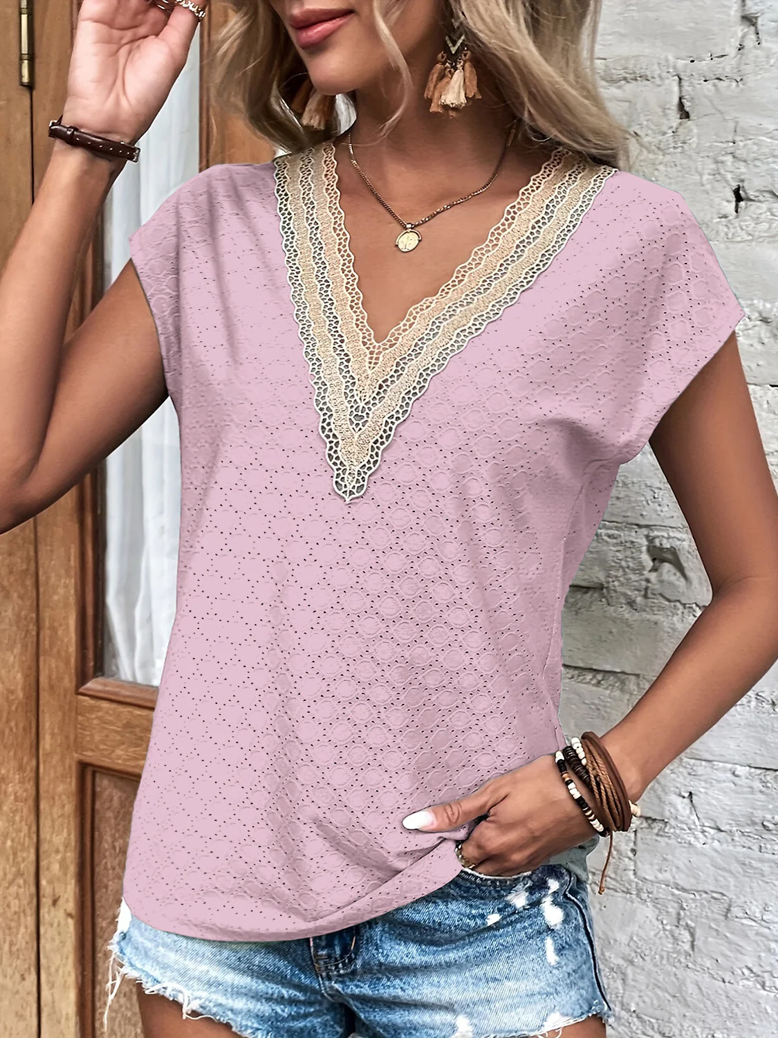 Eyelet V-Neck Cap Sleeve Blouse - Image 7