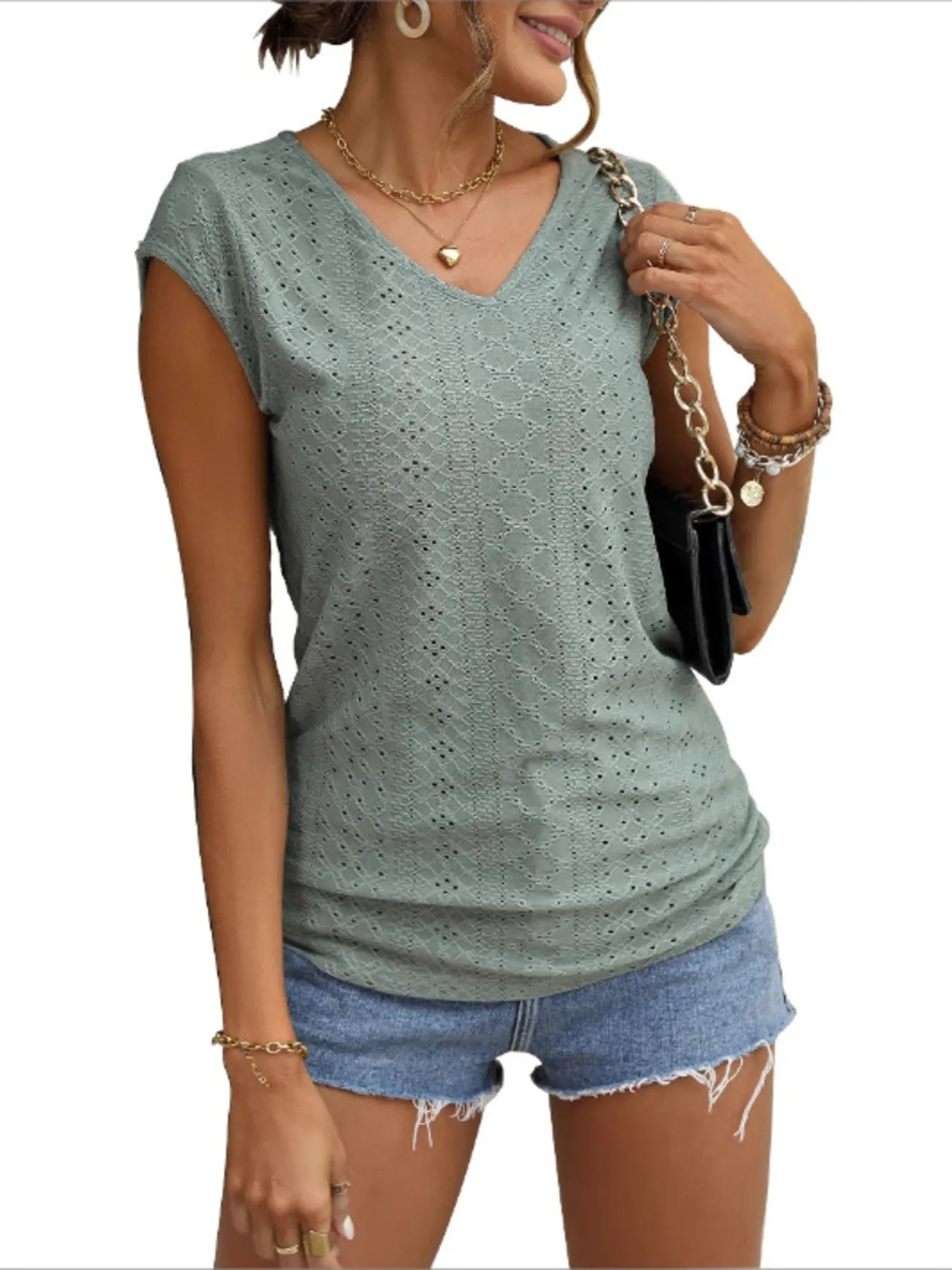 Eyelet V-Neck Cap Sleeve T-Shirt - Image 3